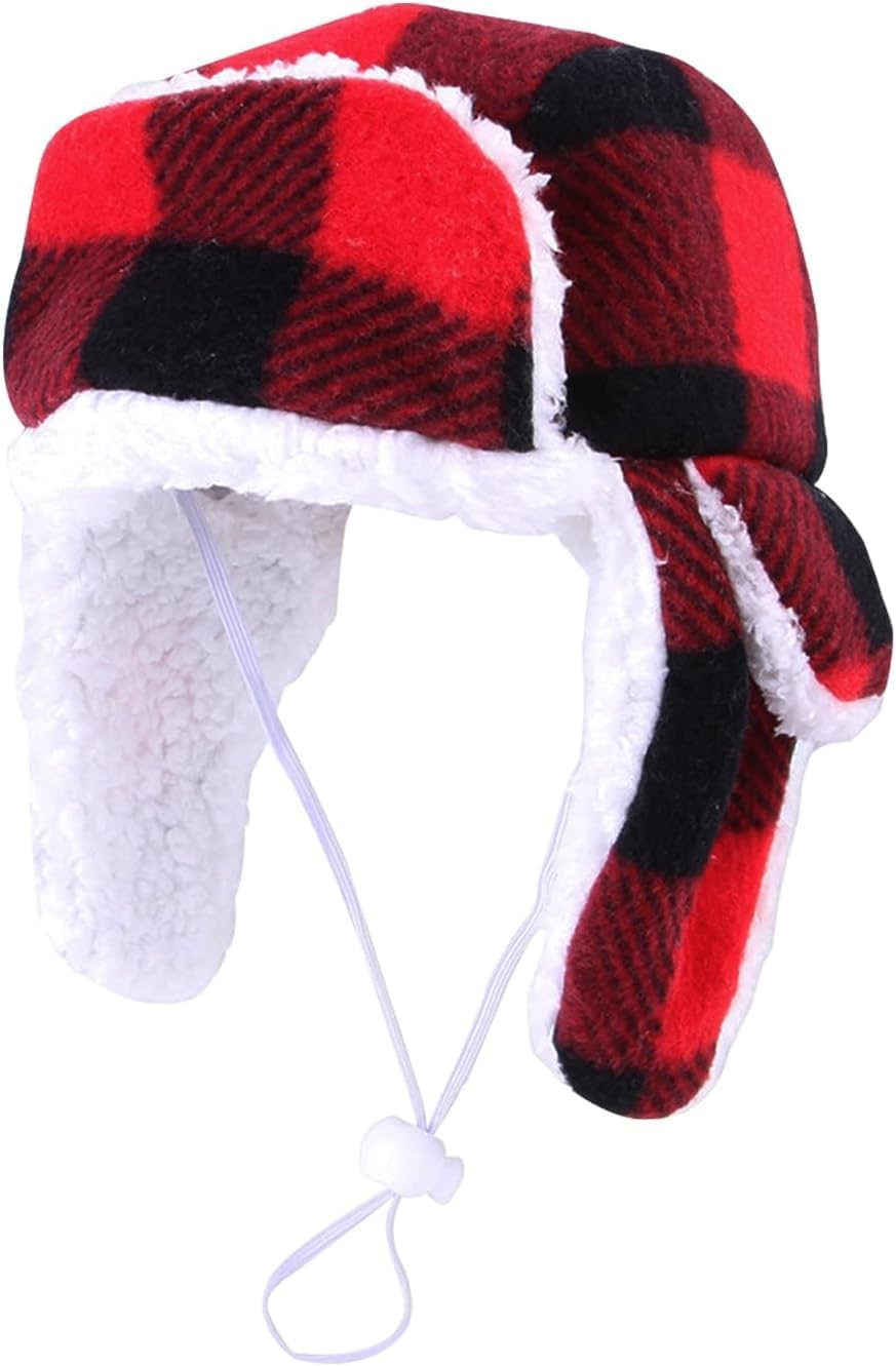 Christmas Dog Hat with Earmuffs,Warm Winter Dog Hat with Adjustable Elastic Band,Red Plaid Pet Cap,Pet Ears Warm,Snood Head Wrap,Xmas Dog Headwear,Christmas Dress up Costume Hat (Red, One Size)