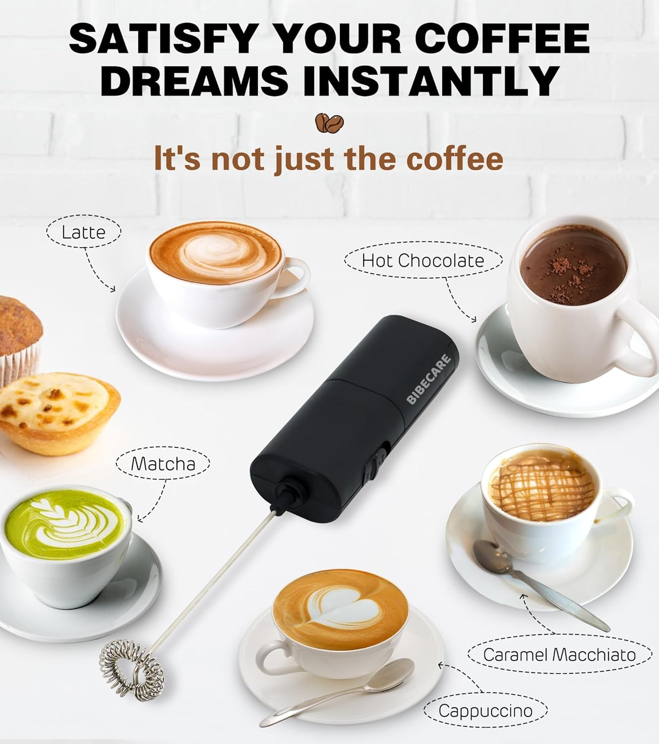 BIBECARE Milk Frother Handheld Powerful Mixer Mini Hand Blender for Perfect Lattes, Cappuccinos More-Portable Stainless Steel Whisk, Ideal for Frappe, Hot Chocolate, Coffee Creamer&Matcha(Black) - White image number 7