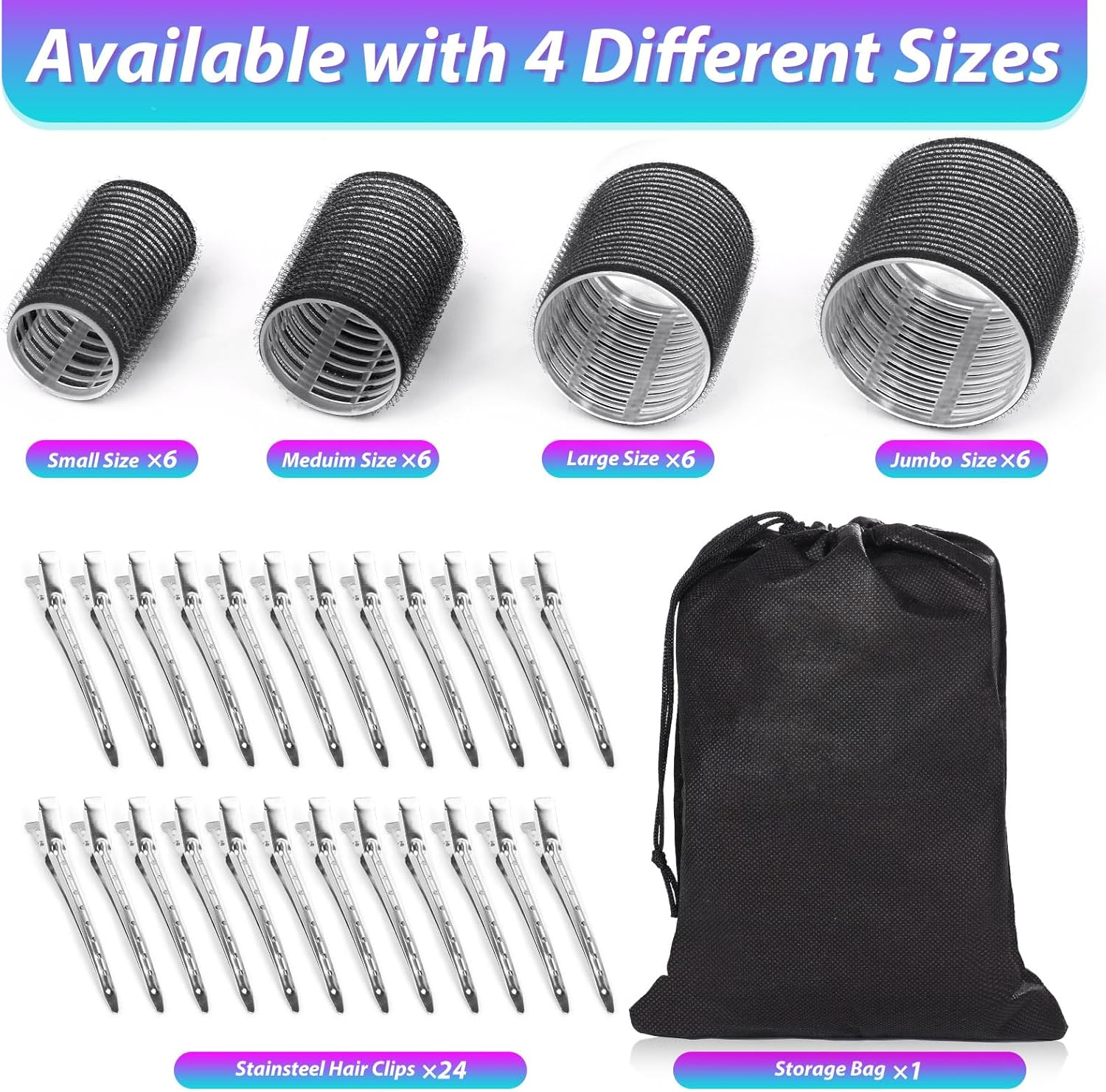 Shynek Rollers Hair Curlers 48 Pcs Set with 24Pcs Hair Rollers 4 Sizes (6 Jumbo Rollers/6 Large Rollers/6 Medium Rollers/6 Small Rollers) and 24 Pcs Hair Clips for Long Medium Short Hair (Black) image number 3