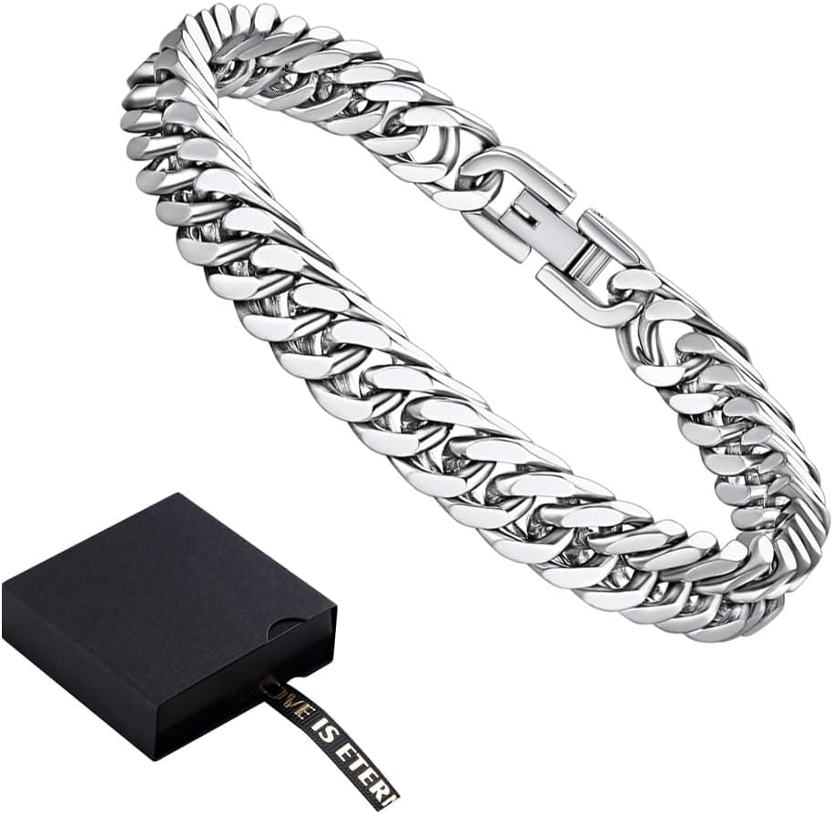 Bracelets for Men, Mens Jewelry with Gift Box Stainless Steel Simple Cuban Chunk Link Silver Bracelet for Men and Boys - 21Cm image number 5