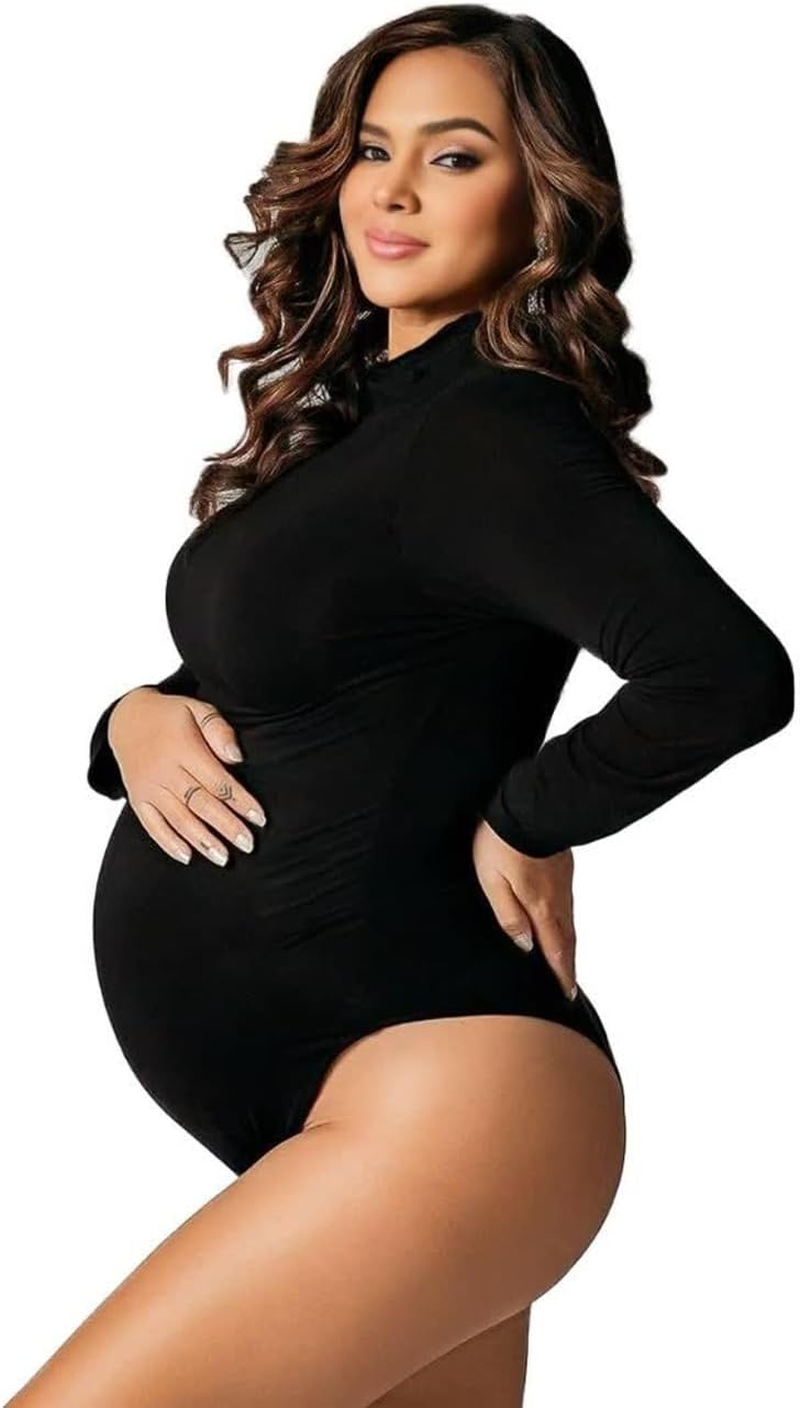 Justvh Maternity Bodysuit for Photoshoot Long Sleeve Sheer Mesh Pregnancy Bodysuit Maternity Photography Outfits