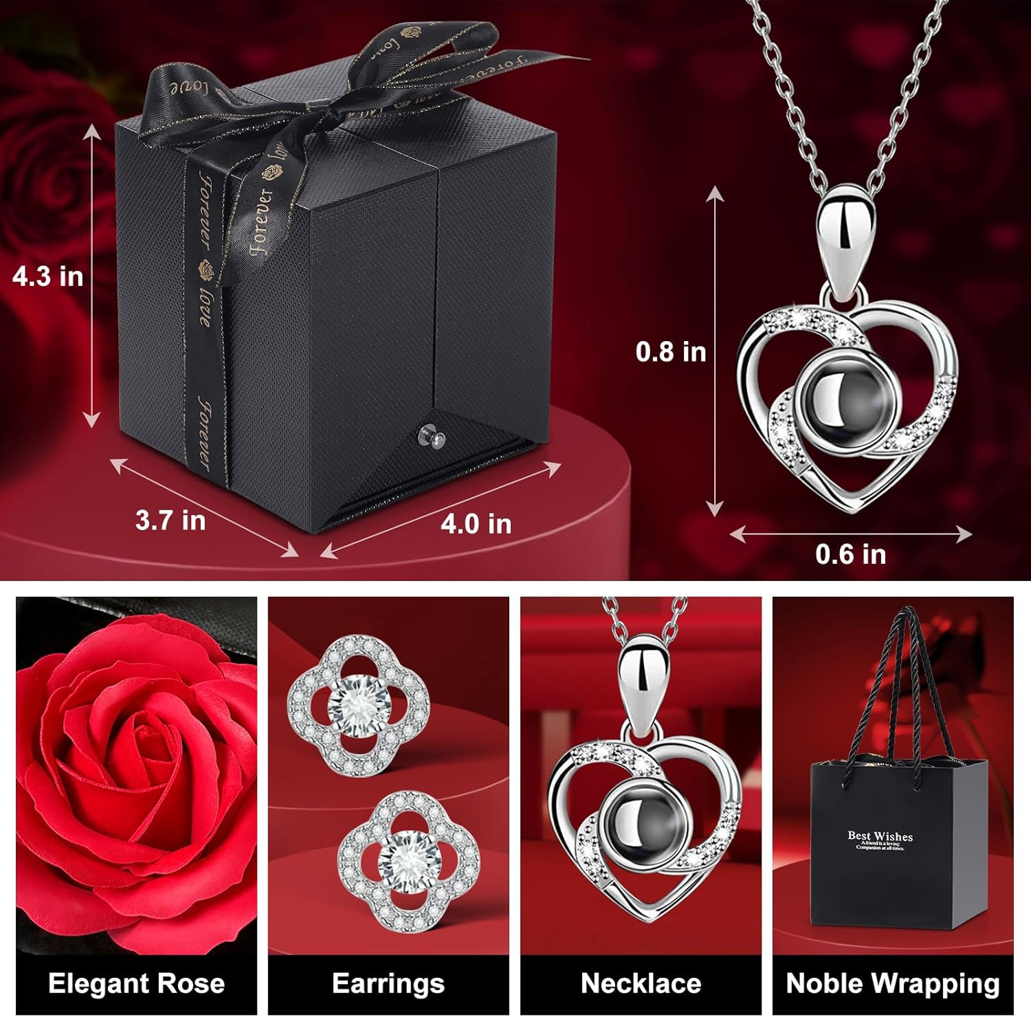 Preserved Red Real Rose with I Love You Necklace in 100 Languages, Eternal Flowers Rose Gifts for Mom Wife Girlfriend on Mothers Day Valentines Day Anniversary Christmas Birthday Gifts for Women image number 5