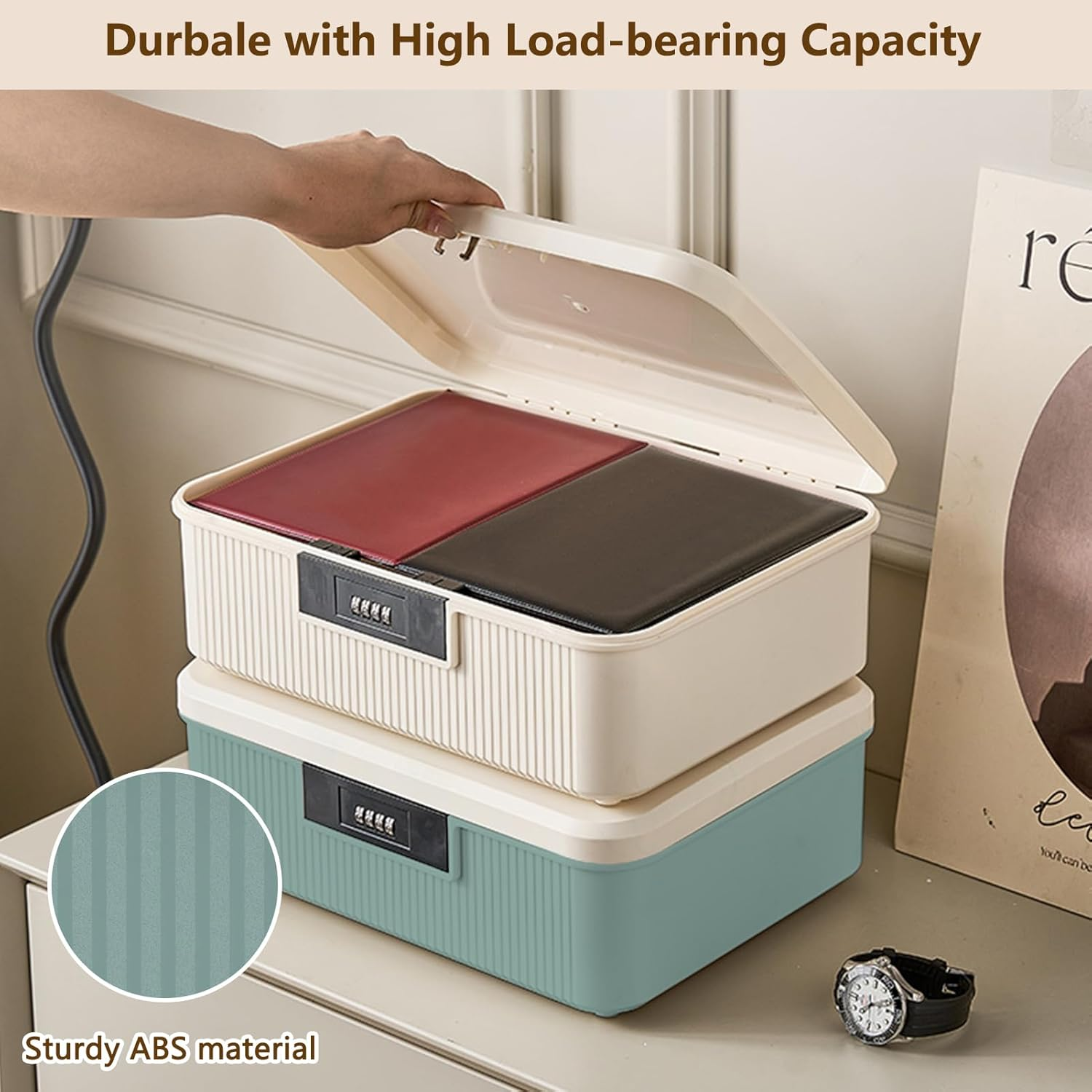 Lockable Storage Box, Double Layer Storage Lock Box for Files Organizer, Password Locking Storage Box, Lockable Storage Container for Home Office Kitchen Safety (White) - White image number 4