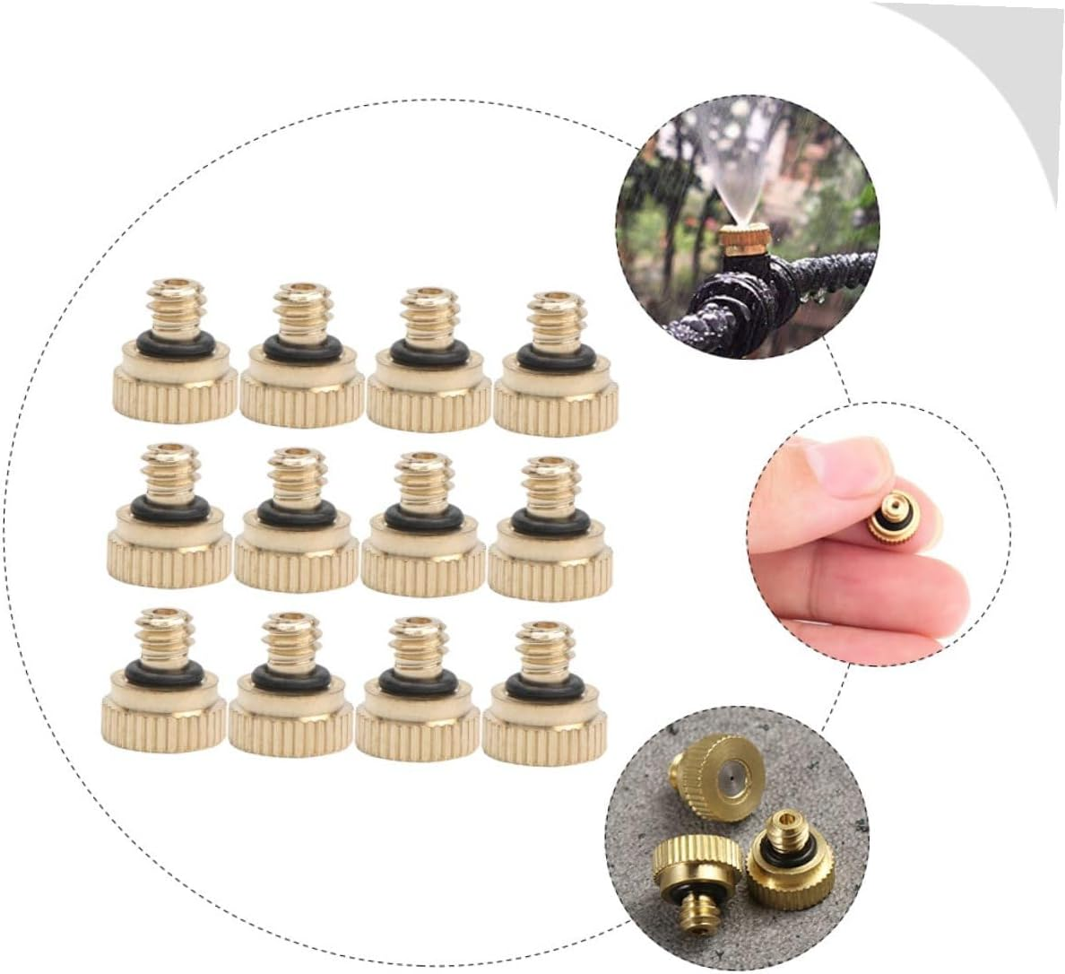 12Pcs Brass Misting Nozzle Heads Low Pressure Atomizing Spray for Outdoor Cooling System Garden Hose Nozzles with Self-Sealing O-Rings Lawn Watering Equipment