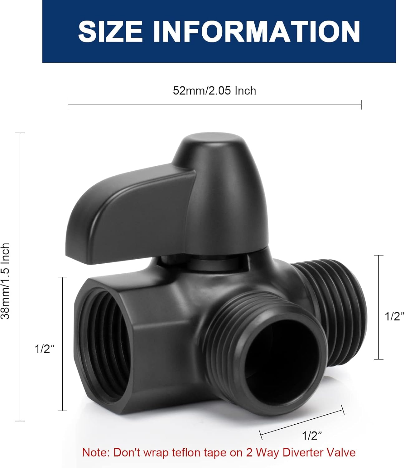 Nearmoon Solid Brass G1/2" Shower Arm, 3-Way Diverter Valve for Handheld and Fixed Spray Head, Bathroom Component for Showerhead Combo T-Adapter (Fixed Nut, Matte Black) image number 6