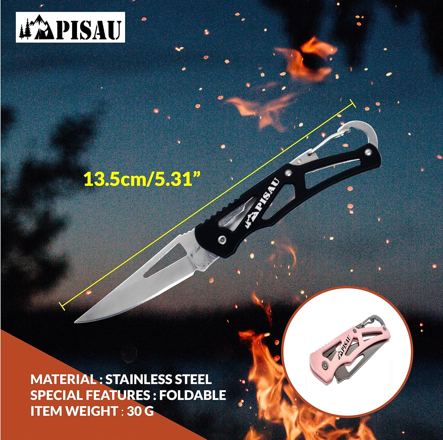 PISAU Small Stainless Steel Camping Folding Knife with Carbinner for Emergceny, Fishing and Camping (Pink) image number 1