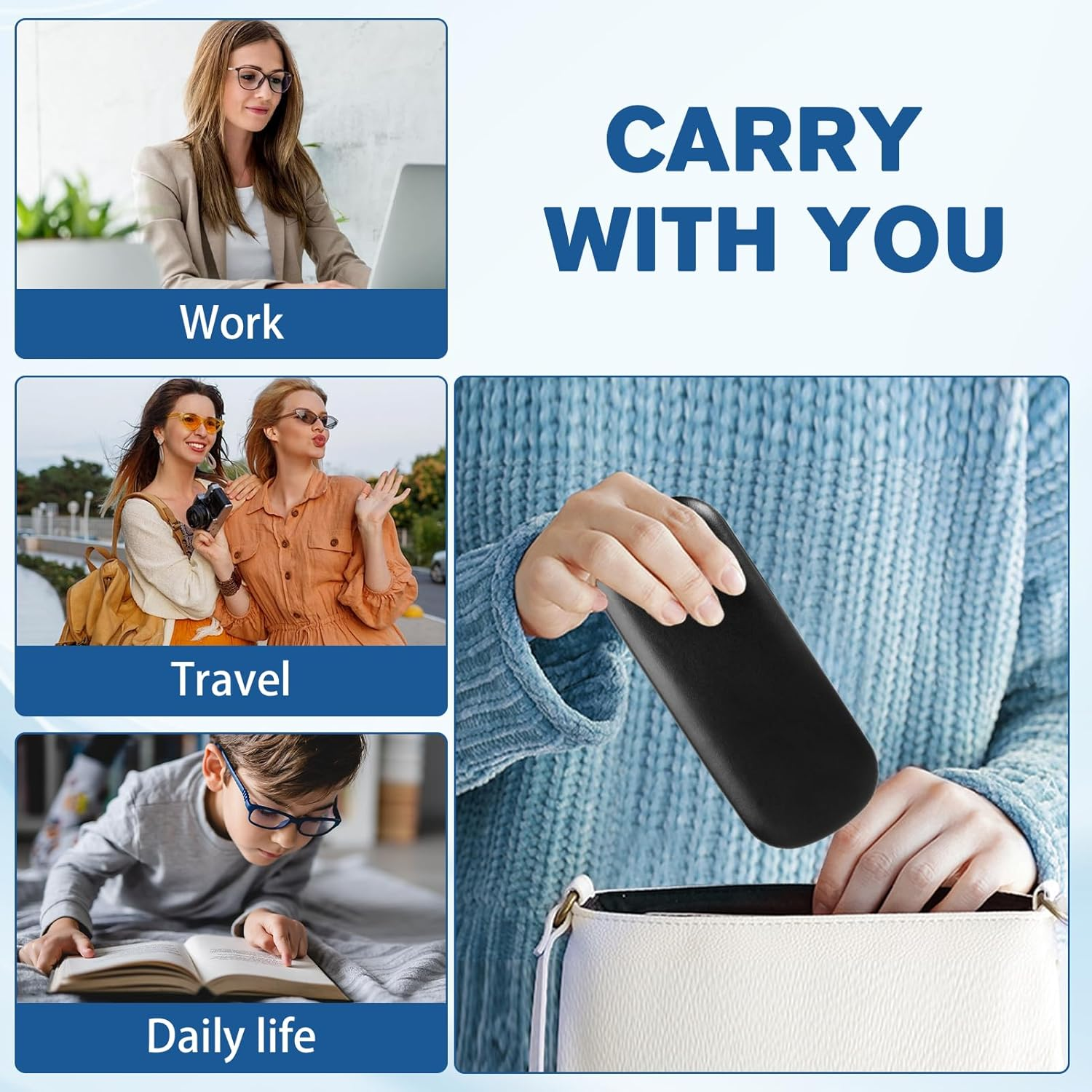 Black Glasses Case, Large Hard Shell Eyeglasses Case with PU Leather Cover, Durable Protective Case for Men & Women, Fits Sunglasses &  Glasses, Includes Soft Grey Cleaning Cloth image number 3