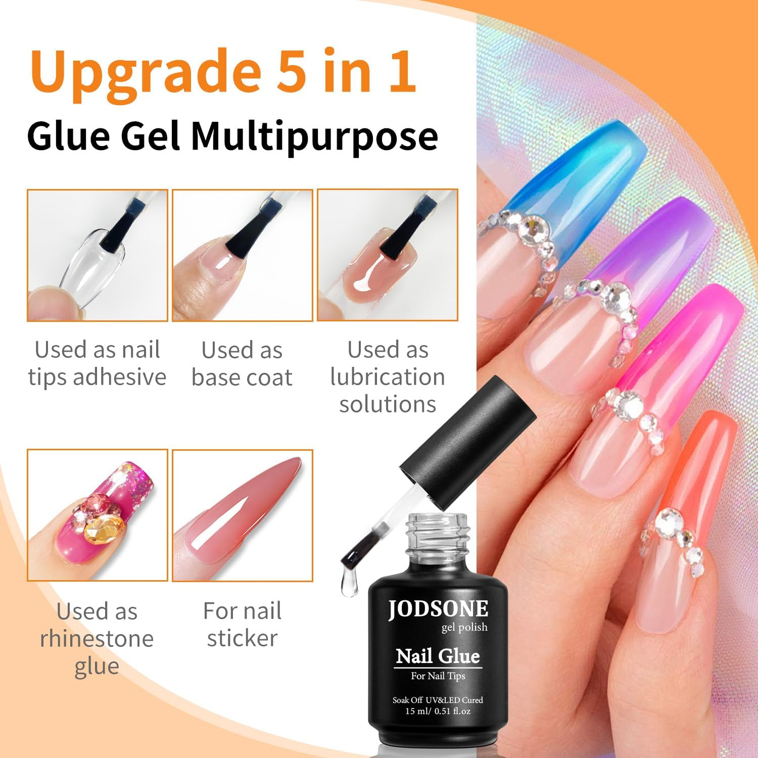 JODSONE 2 Pcs 15Ml Gel Nail Glue, 5 in 1 Nail Glue Kit for Acrylic Nails, Super Strong Brush in Nail Gel Glue for False Nails Tips image number 5