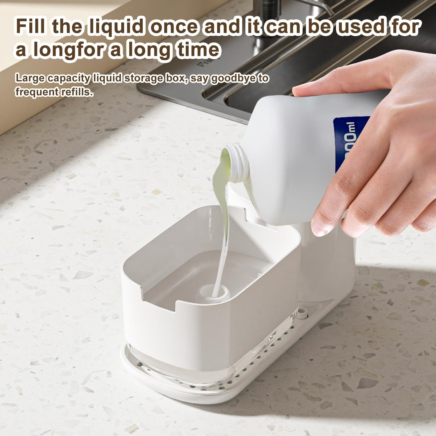 AMZYYDS 4 in 1 Hand Soap and Dish Soap Dispenser for Kitchen with Sink Organizer Dual Dispenser for Dishwashing and Hand Washing,Kitchen Sink Caddy for Storage of Sponges and Washcloths (White) - White image number 4