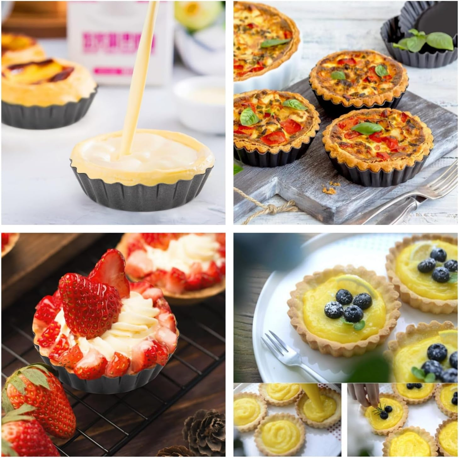 MEZOKUCEL 6 Pcs Mini Tart Pans with Removable Bottom round Nonstick Quiche Pan, Heavy Duty Fluted Side Pie Tart Molds for Tartlets, Mousse Cakes, Pizza, Dessert Baking Quiche Pan Bakeware (10CM) image number 4