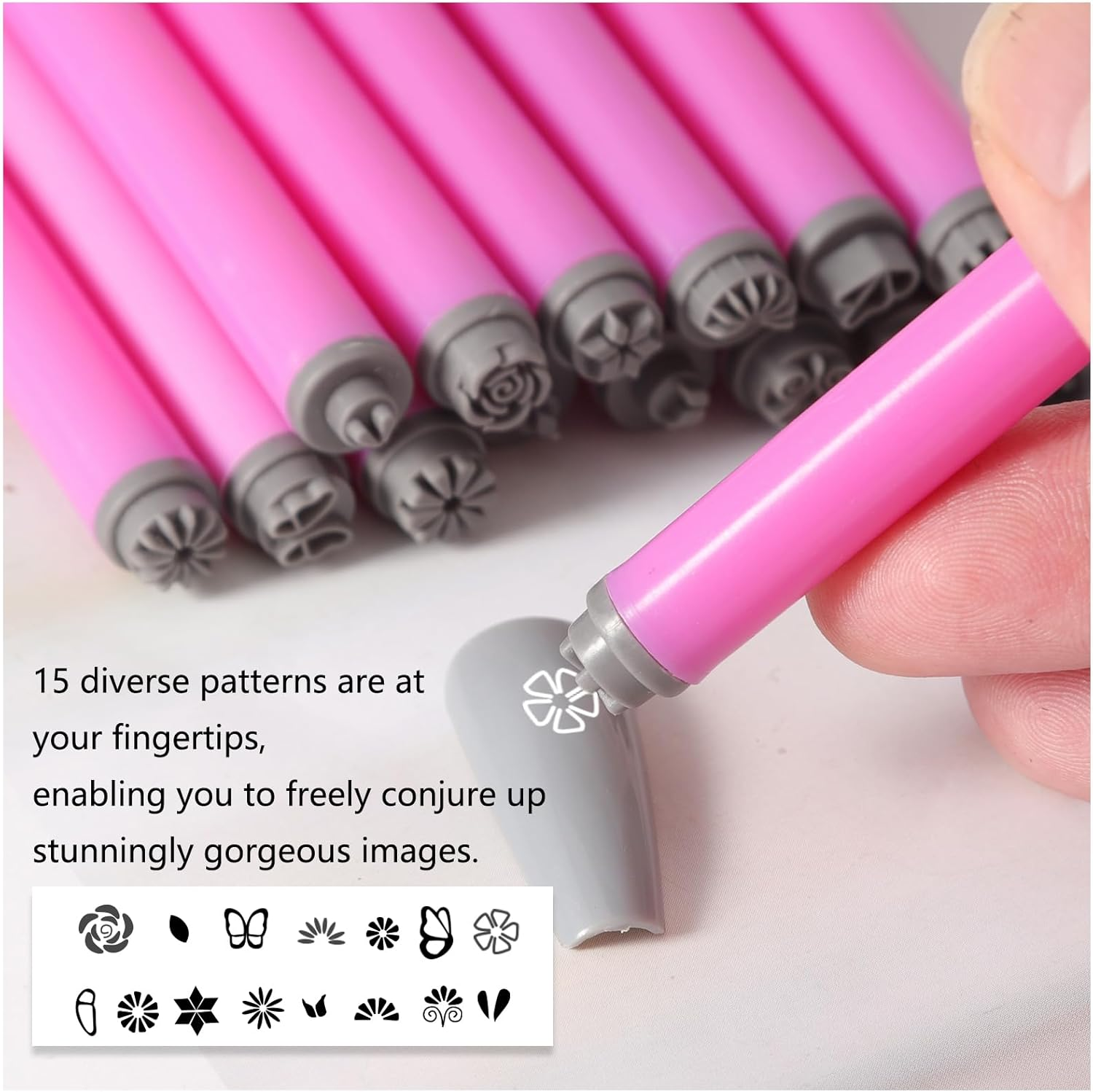 DANNEASY Nail Art Stamp Pen Set (15PCS), 3S Quick DIY Nail Design Tools with Unique Patterns - Easy to Use, Flower Nail Stamper Pen, Nail Art Pen for DIY Salon Nails Supplies image number 6