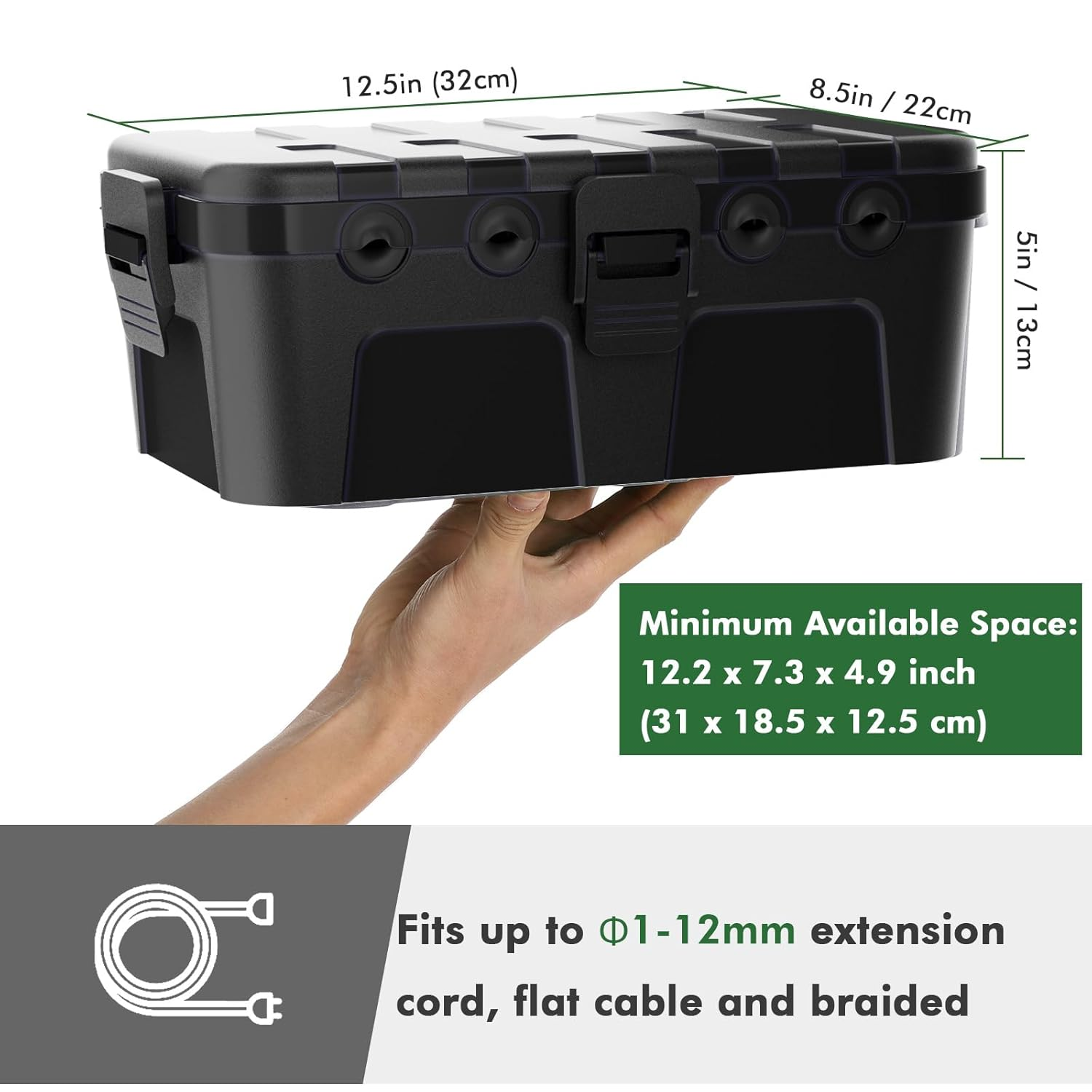 RESTMO Extra Large Weatherproof Electrical Box (32 X 22 X 13 Cm), IP54 Waterproof Outdoor Extension Lead Cover, Protect Outlet, Plug, Socket, Timer, Power Strip, Holiday Light Decoration, Black