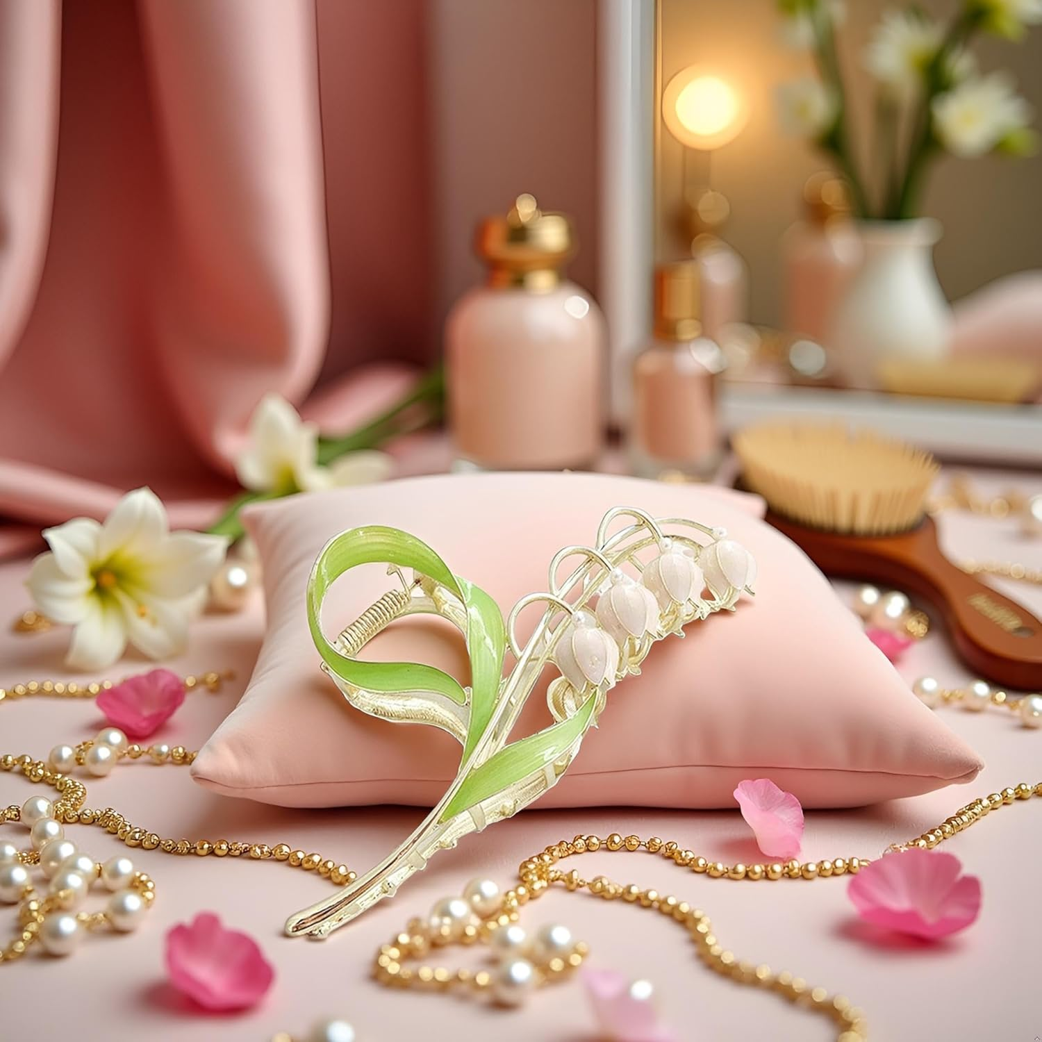 1Pc Pink Gold Lily of the Valley Flower Hair Clips, Large Metal Claw Clip,Orchid Clamps,Lily Jaw Clamp Styling Accessories for Thick Thin,Hair Accessories image number 5