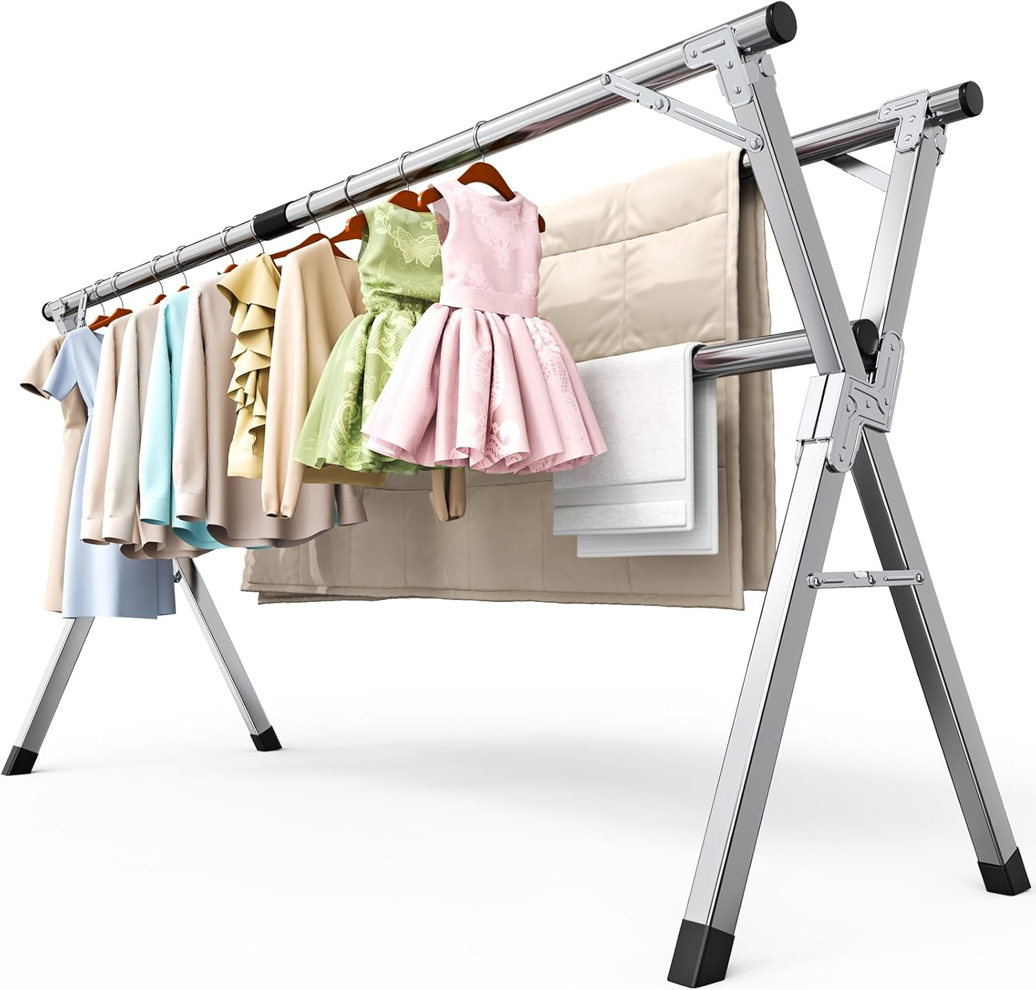 Hormes Clothes Drying Rack, 2.4M Adjustable Clothes Airer Laundry Drying Rack, Foldable Heavy Duty Stainless Steel Clothes Dryer Stand Horse with 20 Windproof Hooks & 12 Clips for Outdoor Indoor Use