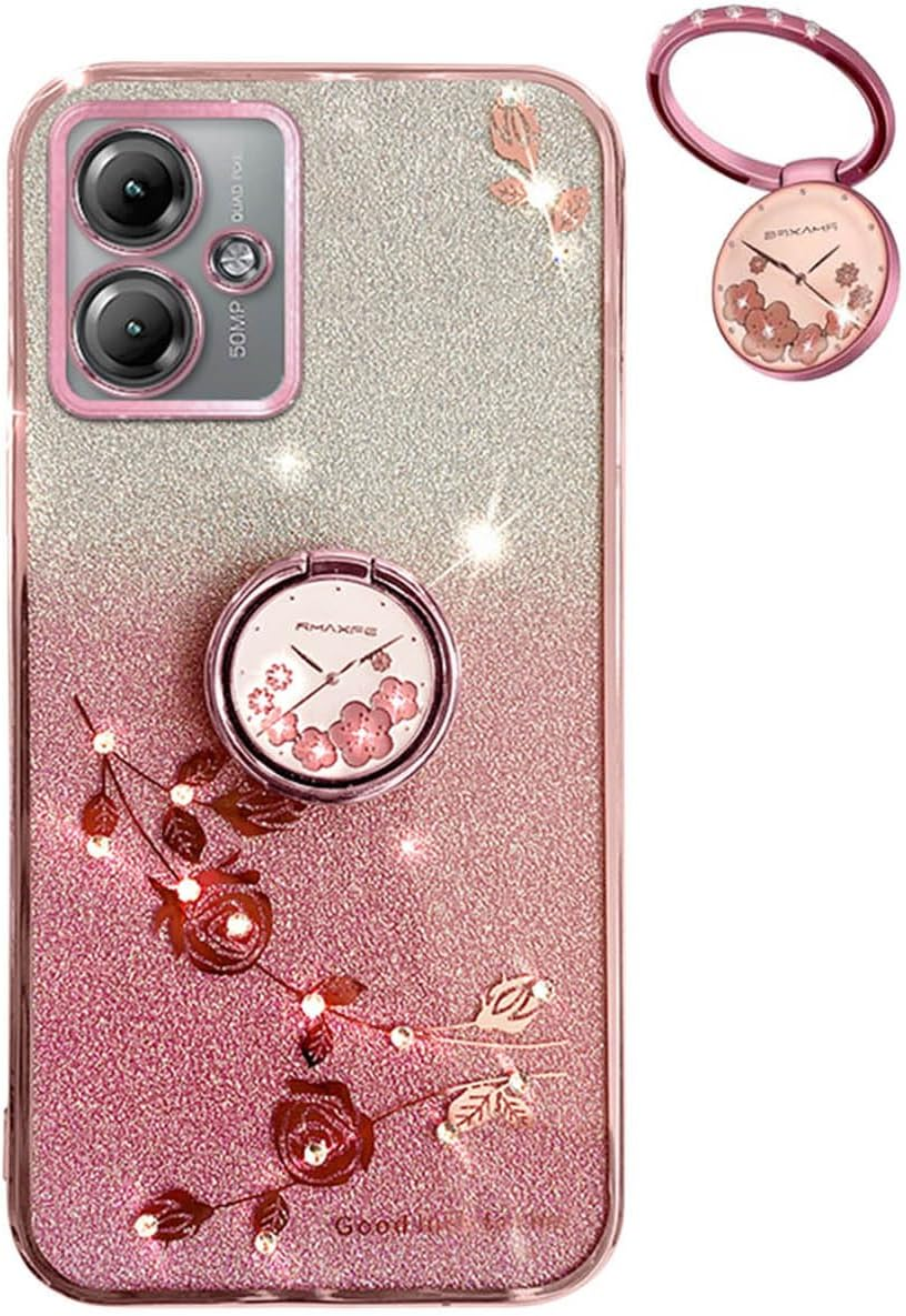 YUECXIN Case for Motorola Moto G55 5G with Shiny Flowers Ring Stand, Cute Bling Women Girls Mobile Phone Case, Ultra Thin Shockproof Soft TPU Silicone Protective Case, Pink