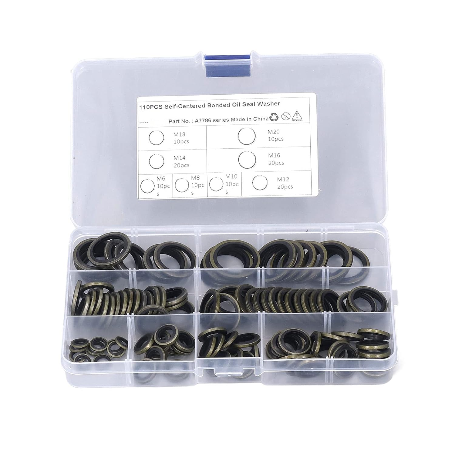 110Pcs Metal Rubber Bonded Seal Oil Washers, M6 M8 M10 M12 M14 M16 M18 M20 Rubber Gasket Assortment with Storage Box for Pipe Joint and Screw Plug image number 1