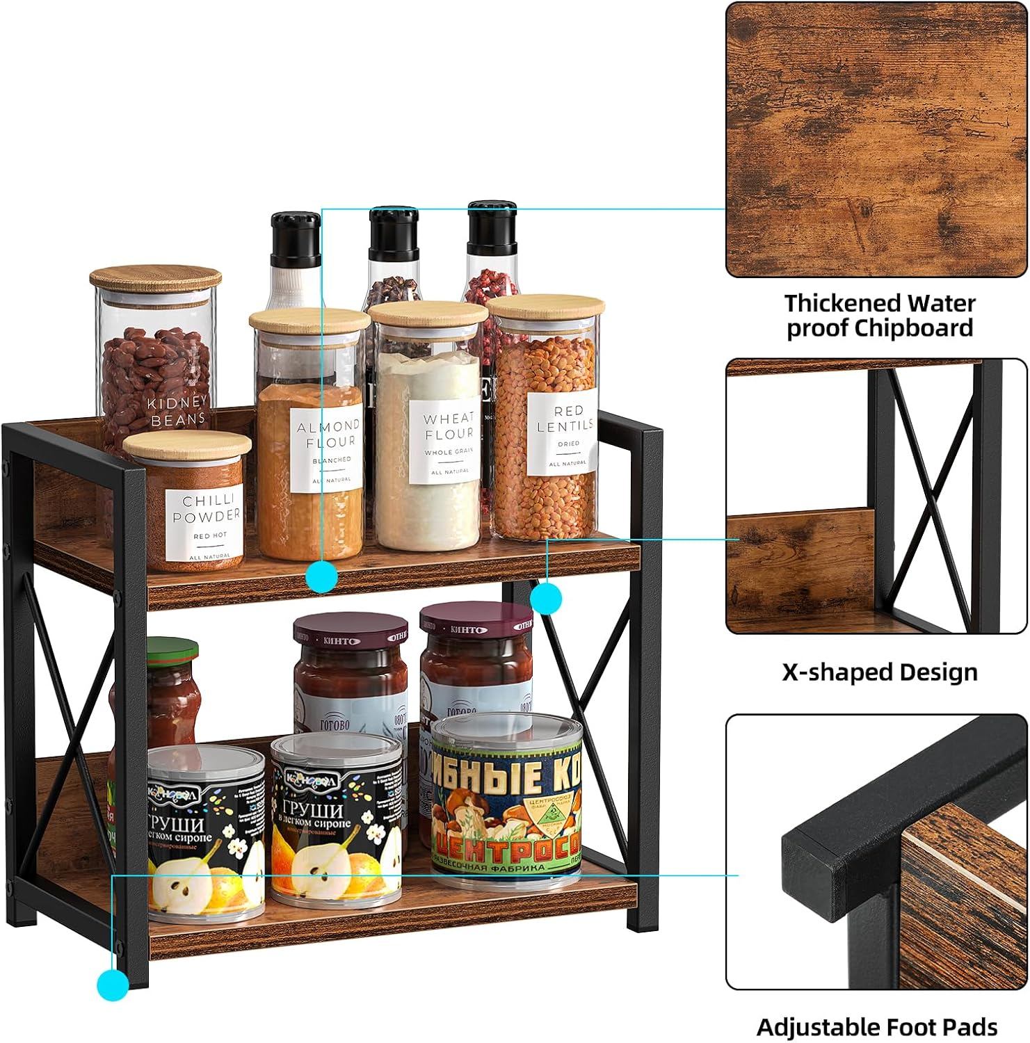 Giikin Countertop Shelf Organizer, 2 Tier Kitchen Spice Rack Organizer for Countertop, Wood Coffee Counter Shelf Organizer for Home (Brown, S) image number 5