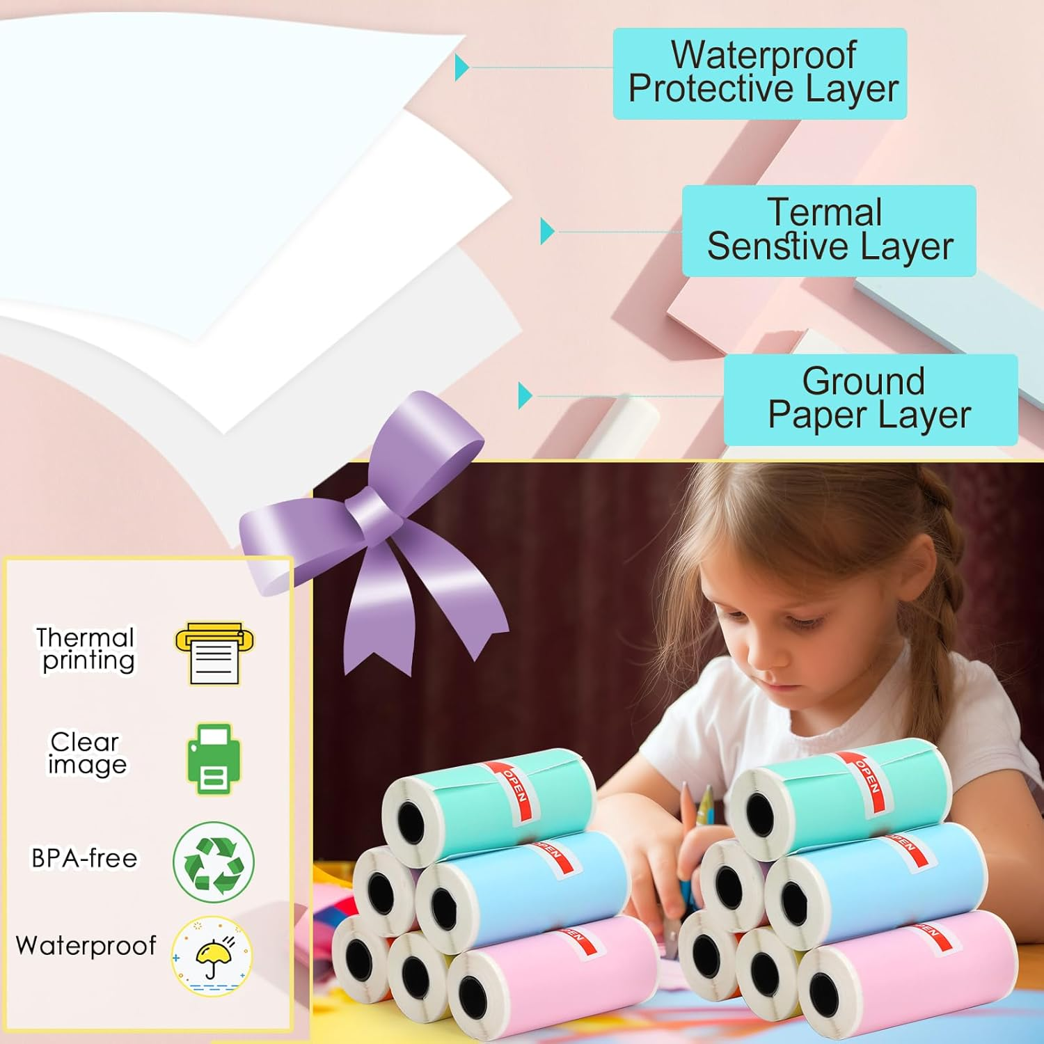12 Rolls Thermal Sticker Paper for Mini Printer,Self-Adhesive Paper 57 * 25Mm,Colored HD Clear Printing Paper for Pocket Inkless Portable Bluetooth Printer to Print Photo,Note,Study,Diy image number 5