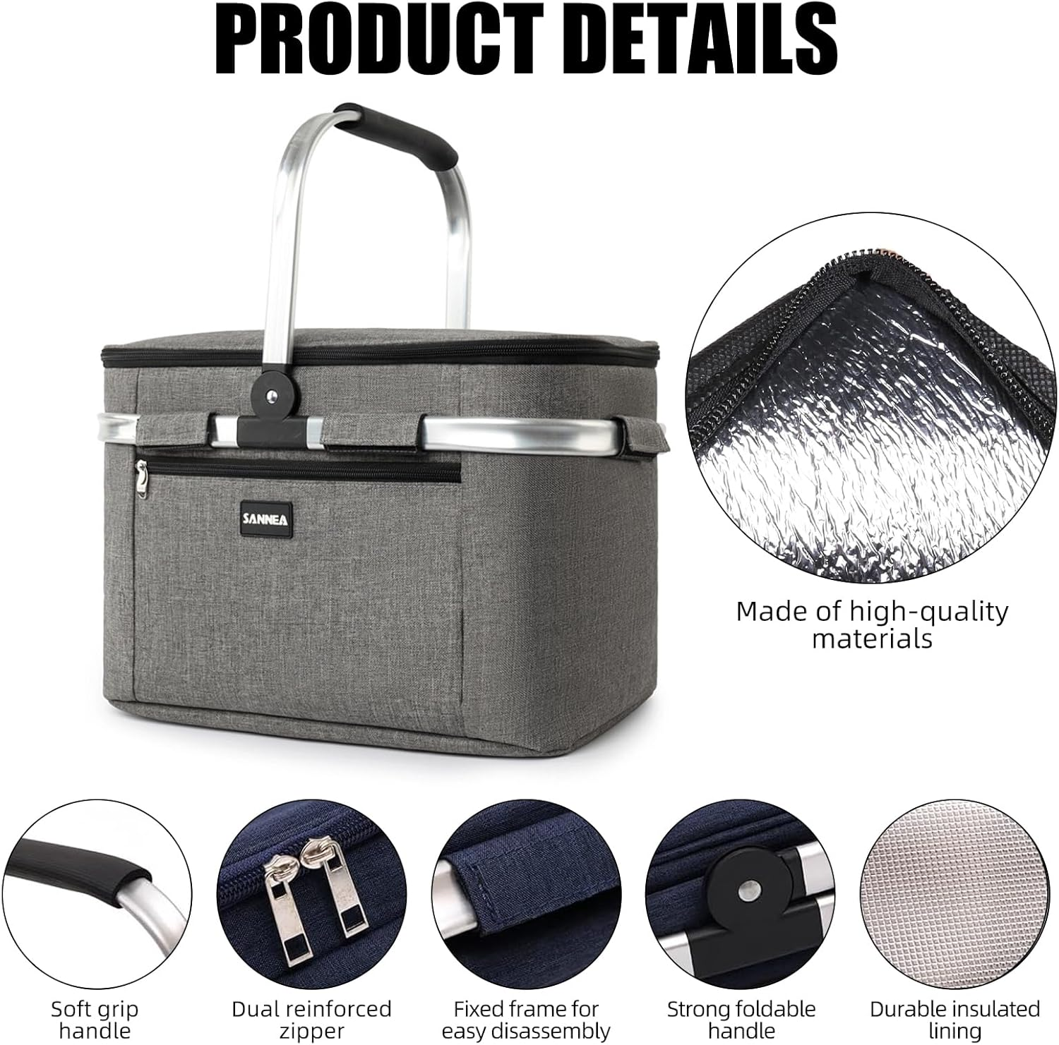 Large Insulated Picnic Basket, 29L Collapsible Cooler Tote with Handle and Lid, Reuasble Leakproof Thermal Shopping Travel Bag for Outdoor, BBQ, Camping, Delivery (Navy Blue) - Grey image number 4