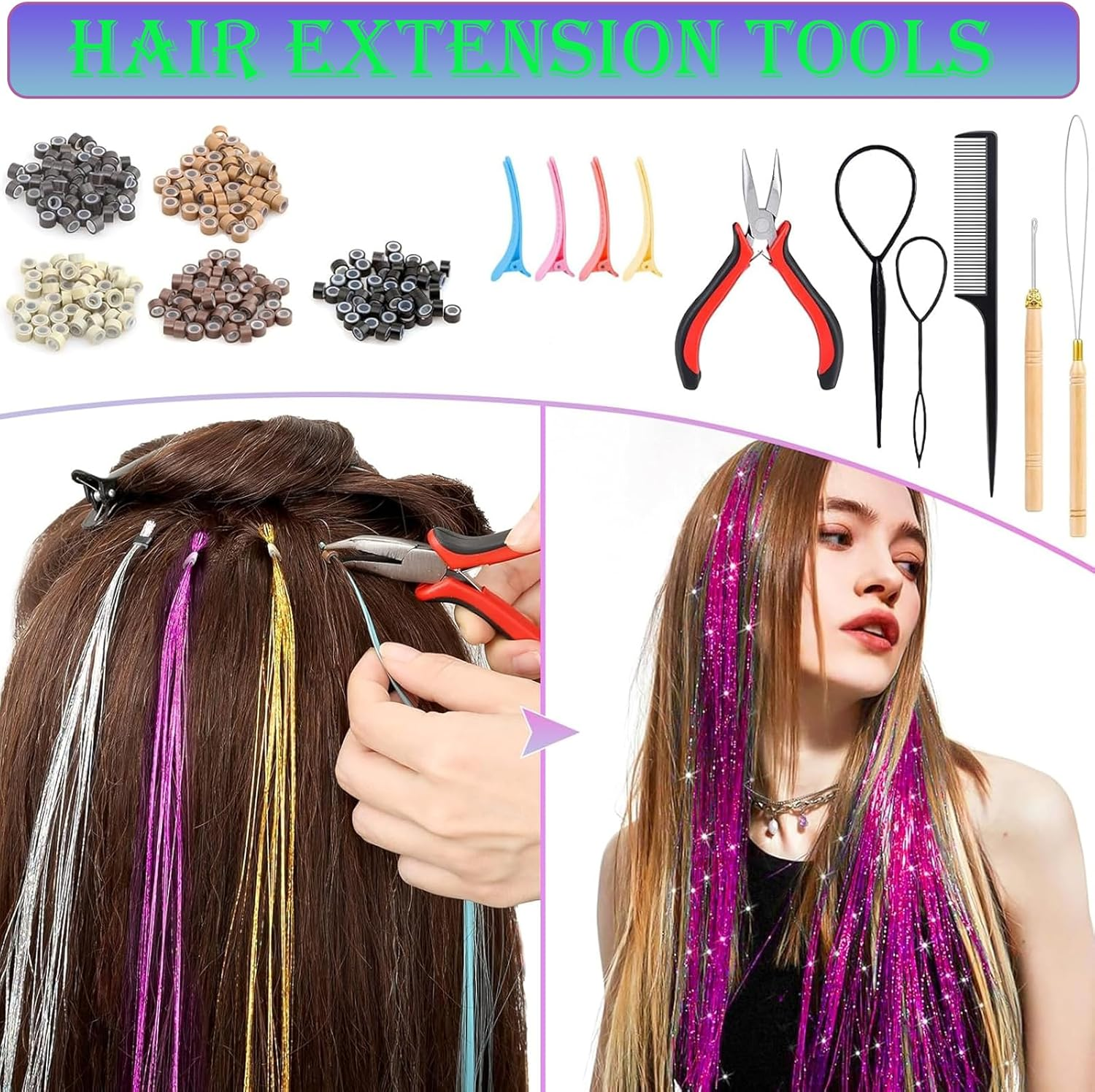3200 Strands Hair Tinsel Kit,Fairy Hair Tinsel Tool for Shiny Hair Extension,Heat Resistant Fairy Tinsel Hair Kit for Women Girls Cosplay Party Festival Hair Accessories(48 Inch, 16 Colors) image number 5