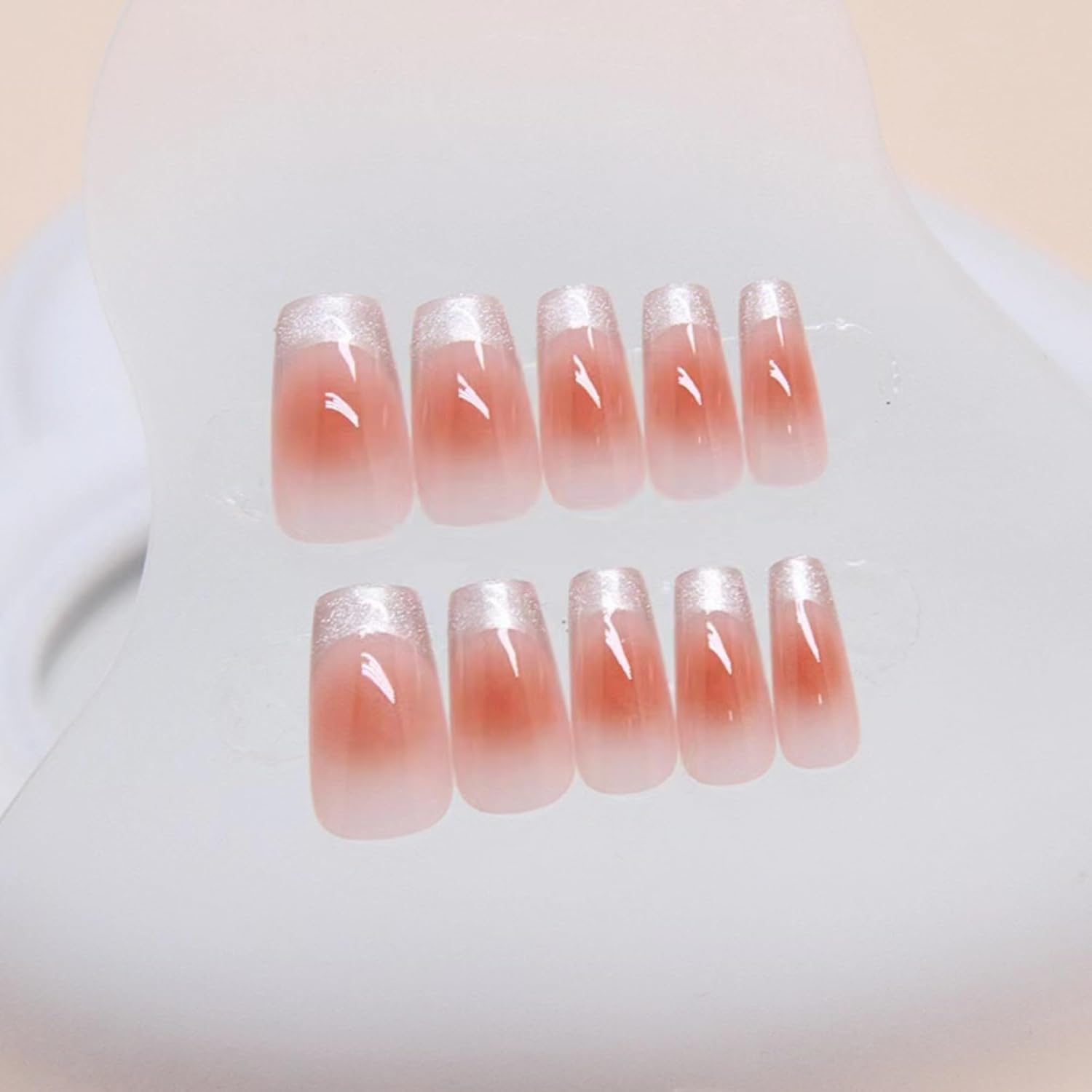 KAVI' S 24Pcs French Tip Stick on Nails Cat Eye Press on Nails Nude Gradient Glitter Fake Nails Ballerina Acrylic False Nails Jerry Glue for Women Girls Nail Art image number 3