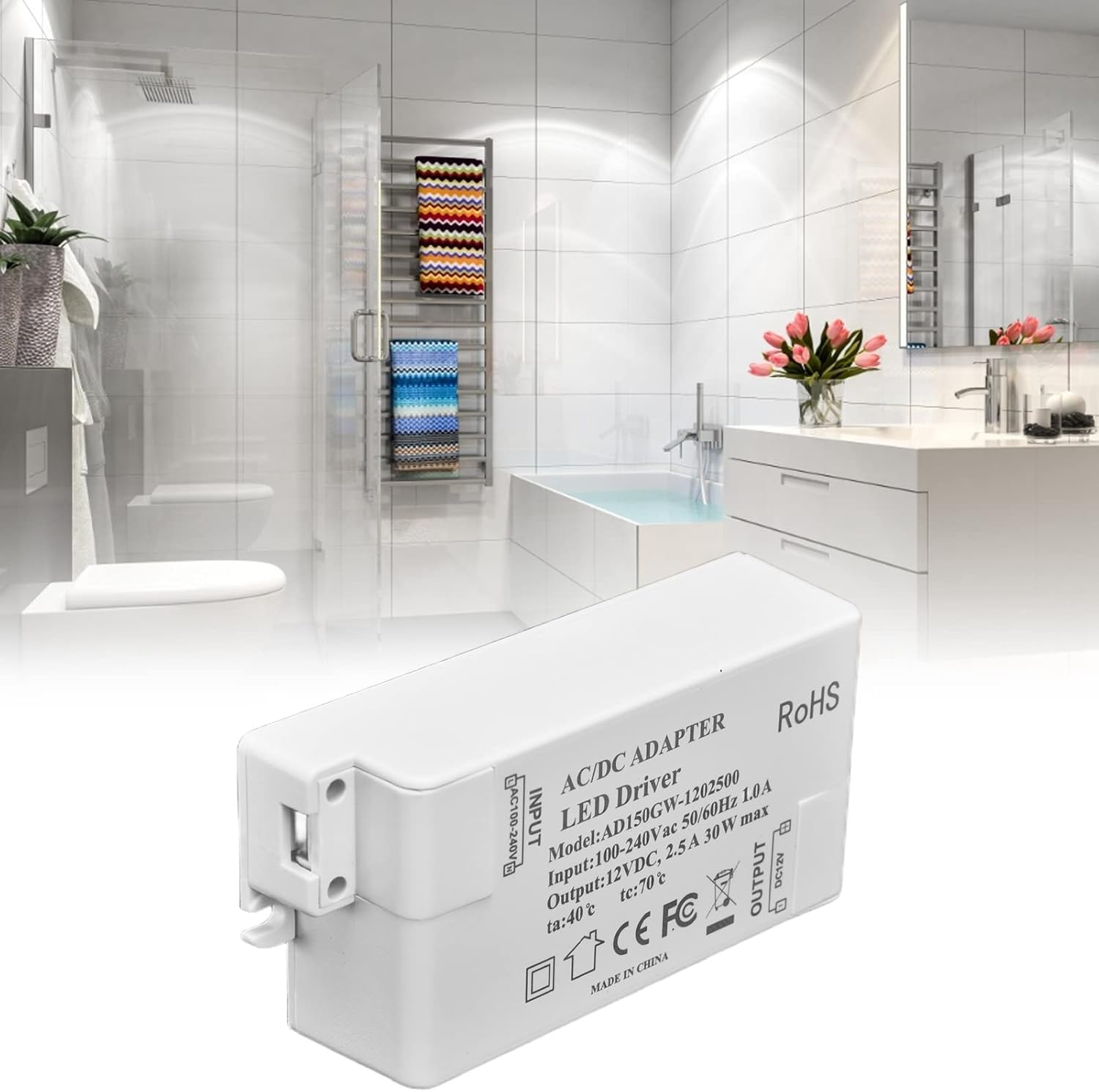 LED Driver Power Supply 30W, 12V 2.5A Constant Voltage, IP67 Rated Enclosure, No Flicker, for LED Strip Lights, Cabinet, Bathroom, Landscape Lighting image number 5