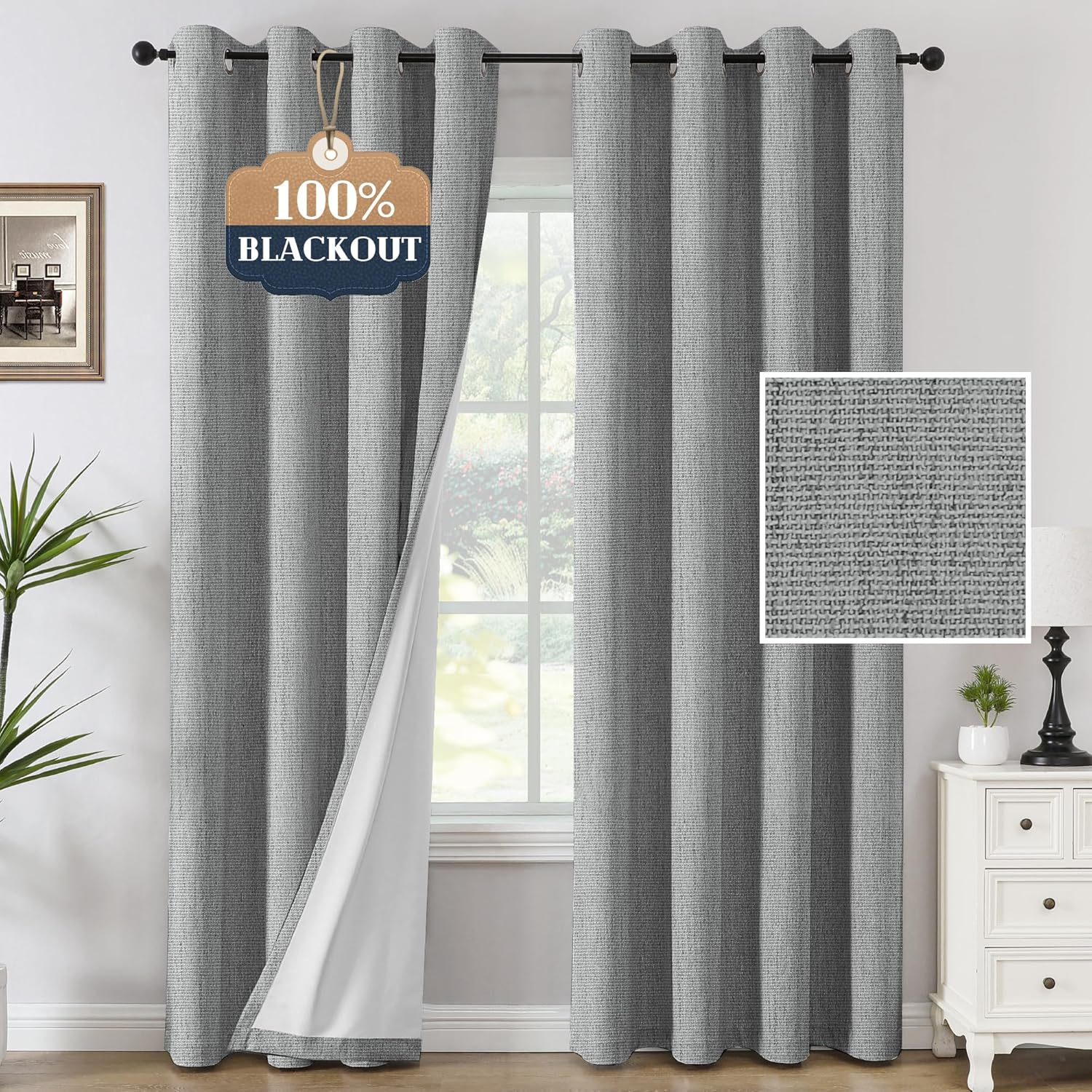 Blackout Curtains Linen Textured Thick Chenille Thermal Curtains Block Out Light and Heat Eyelet Curtains for Bedroom Blockout Curtains 243Cm Drop for Lounge and Spare Room, Heather Ivory