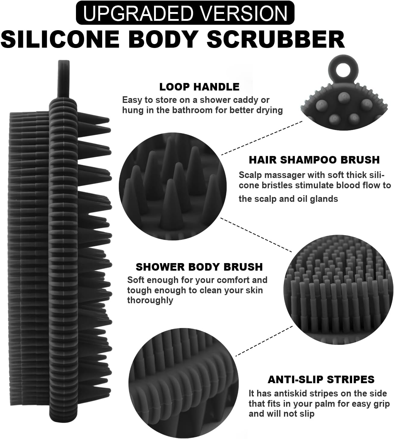 Rampula Silicone Body Scrubber, 2 in 1 Shower and Shampoo Scalp Massager Brush for Dry and Wet, Lathers Well, Stimulating Blood Circulation More Hygienic than Loofah 1PC Black image number 4