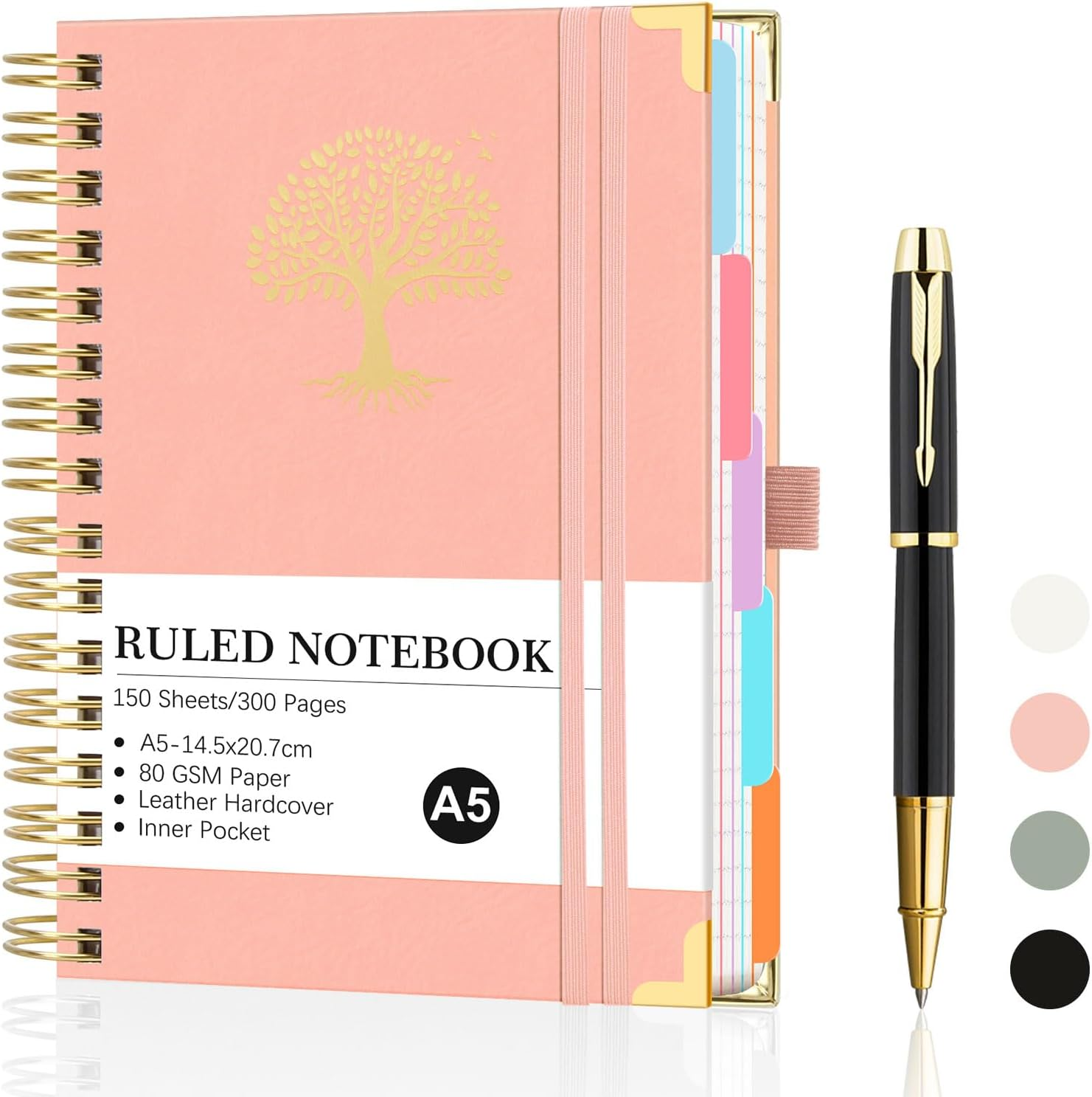 Spardar Hardcover Notebook, 300 Pages, with 5 Removable PVC Dividers and Metal Pen, Spiral Bound, Perfect for Work, Home, and School Notes (White)