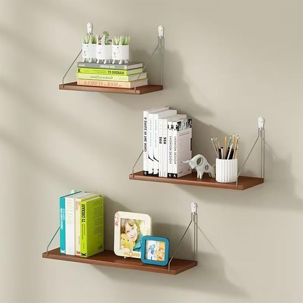 Hbluefat Floating Shelves, Hanging Shelves Wall Mounted Floating Book Shelf Set of 3, Floating Wood Storage Shelf for Bedroom, Living Room, Bathroom (Wood)