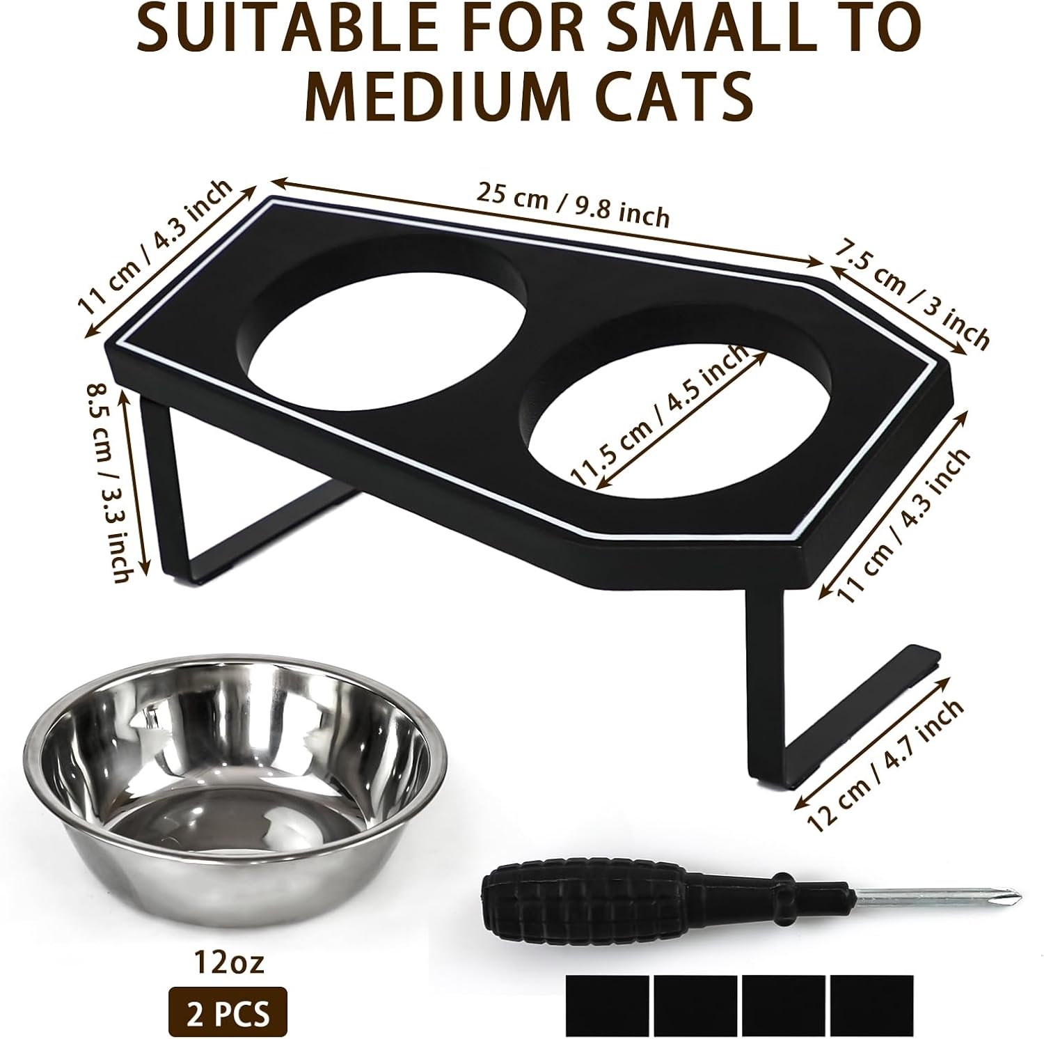 Cat Food Bowls Elevated, Gothic Cat Bowls, Raised Cat Bowls for Indoor Cats with Non-Slip Stand & Wood Board, Stainless Steel and Whisker Friendly Food Bowls image number 6