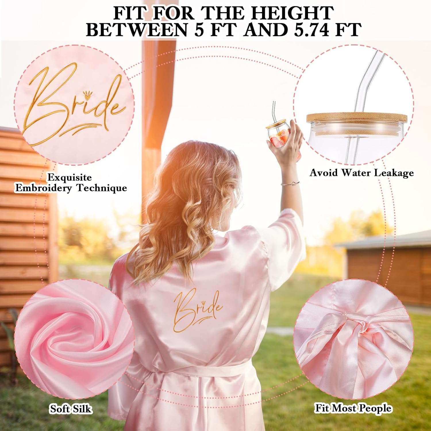 Irenare 8 Pcs Bride Gifts Set for Bridal Shower Bachelorette Party Robe Cup Makeup Bag Bracelet Scrunchies Card Pen Gift Box(Pink) - 1, White image number 3