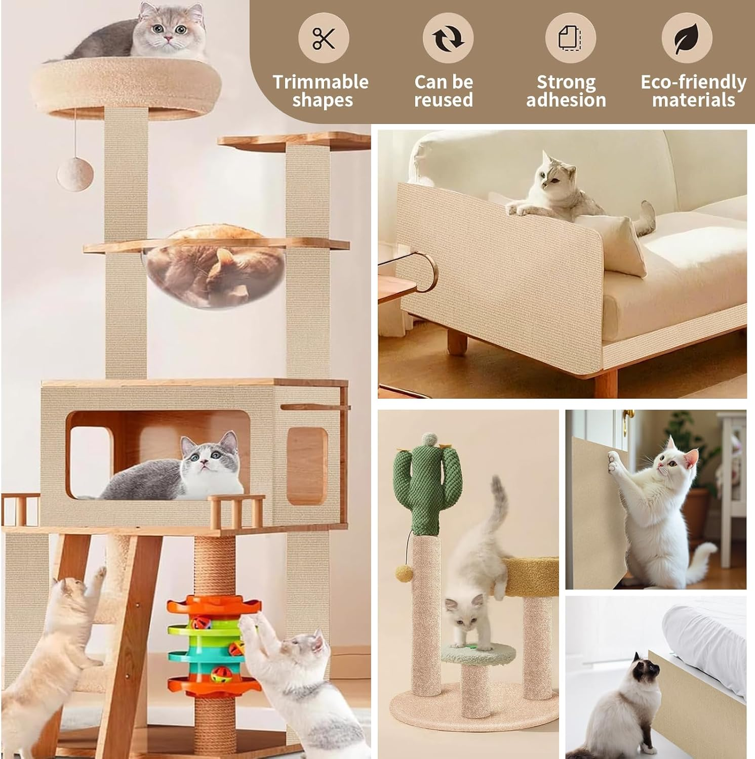 40&times;200Cm Cat Scratch Furniture Protector, Large Cat Scratching Mat, Couch Carpets Protector, Self Adhesive Trimmable DIY Cat Scratch Pad, Durable Cat Tree Replacement Scratching Boards (Dark Grey) - Khaki image number 2