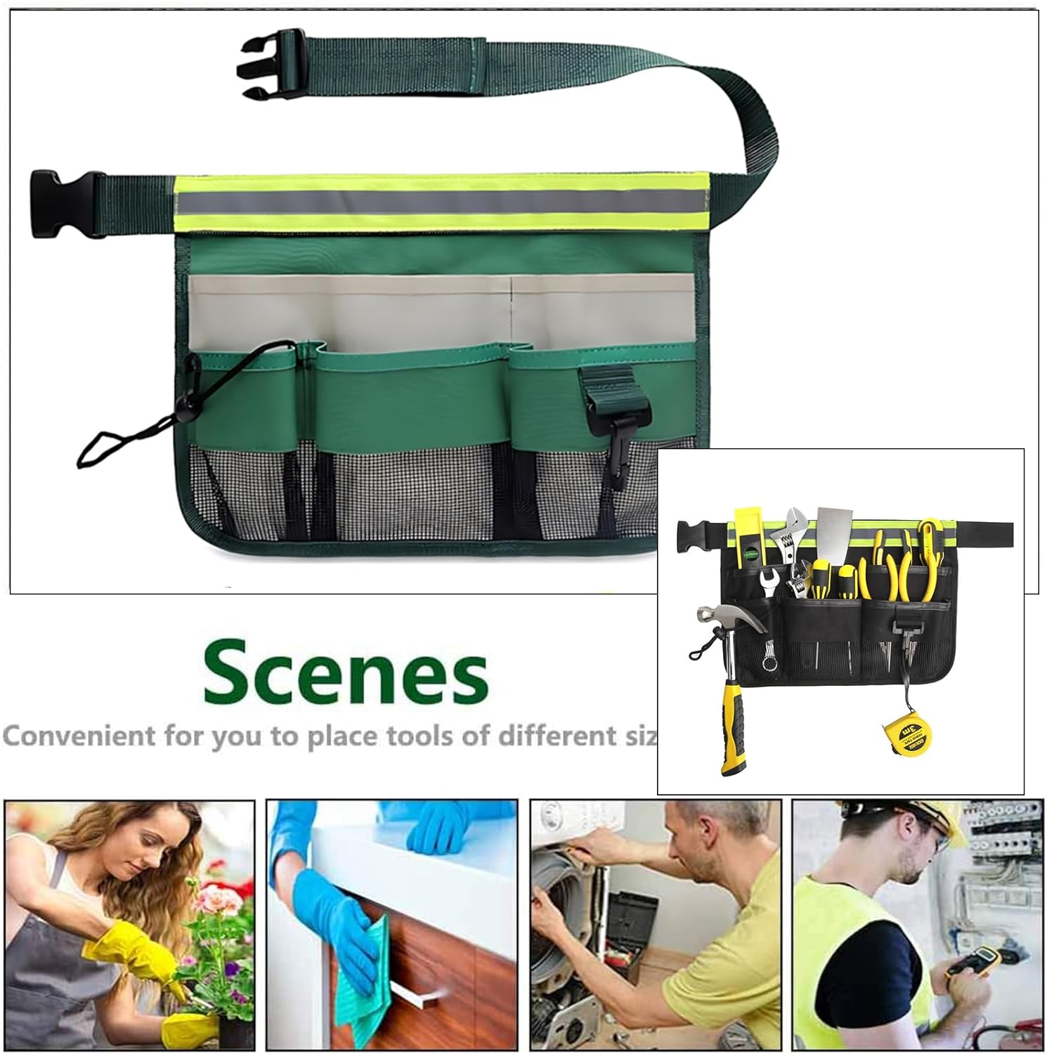 Zalizr 2 Pack Garden Tool Belt Kit, Adjustable Waist Gardening Tool Waist Bag, Heavy Duty 600D Oxford Cloth Home Organizer Tote, 7 Compartments, Tool Apron for Lawn and Yard Storage (Green, Black) image number 1