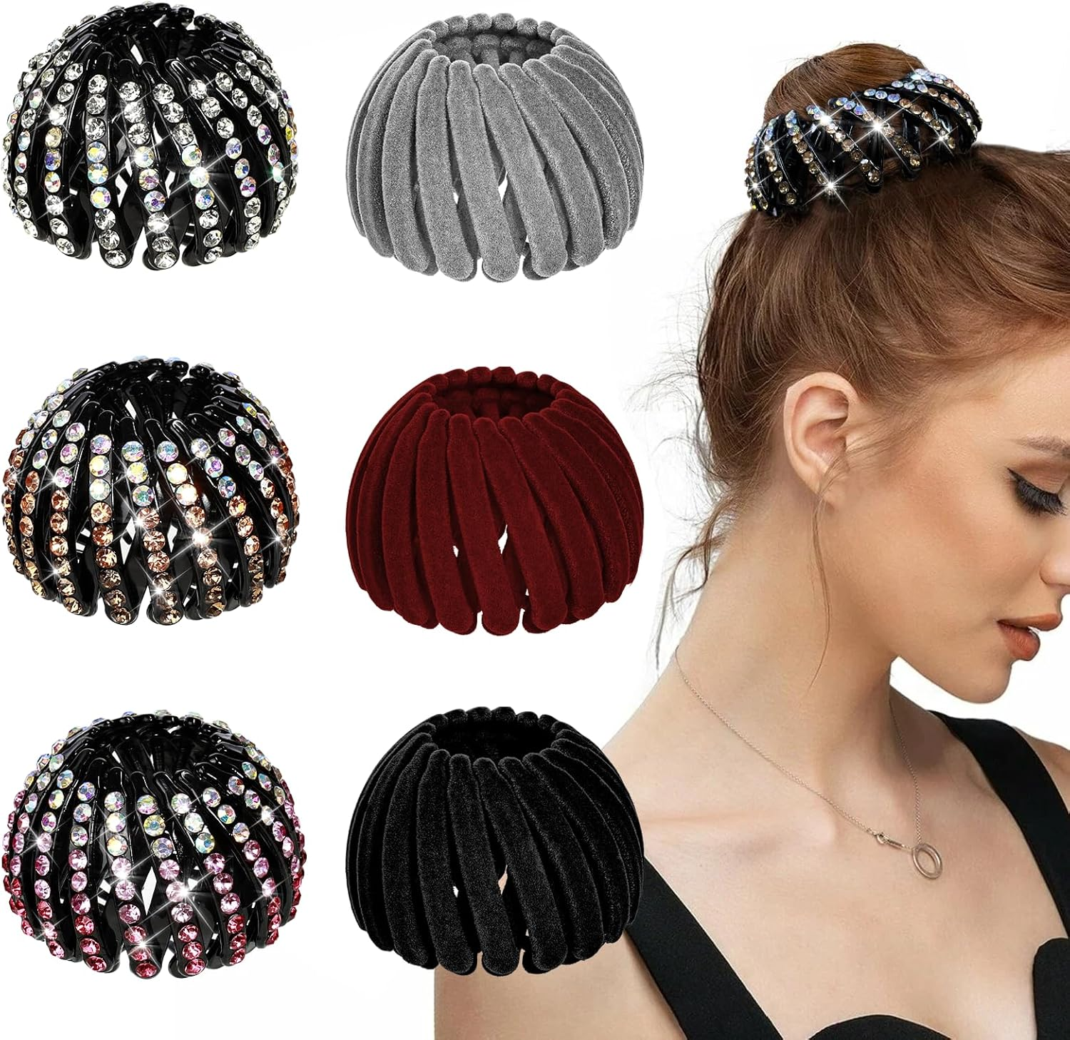 DIQIUREN 6 PCS Expandable Birds Nest Hair Clip Accessories for Women and Girls, 3 PCS Rhinestone Bird Nest Magic Hair Clip for Ponytail Holder and 3 PCS Fixed Velvet Birds Nest Hair Clips for Women