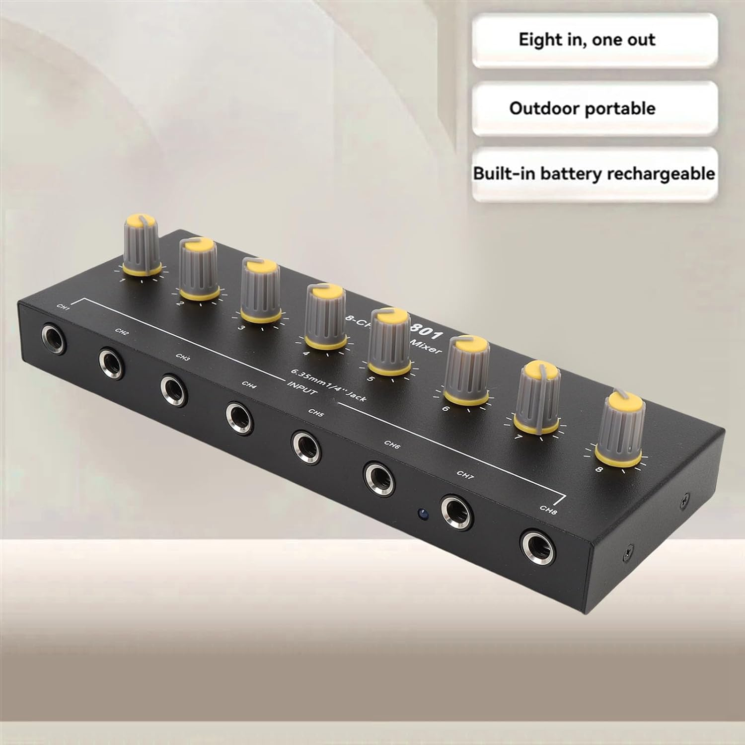 Jiawu Mini Audio Mixer, 8 Channel Stereo Line Mixer, 6.5Mm Independent Microphone Control with Volume Control, Multifunctional for Guitar, Bass, Keyboard, Recording, Streaming image number 1