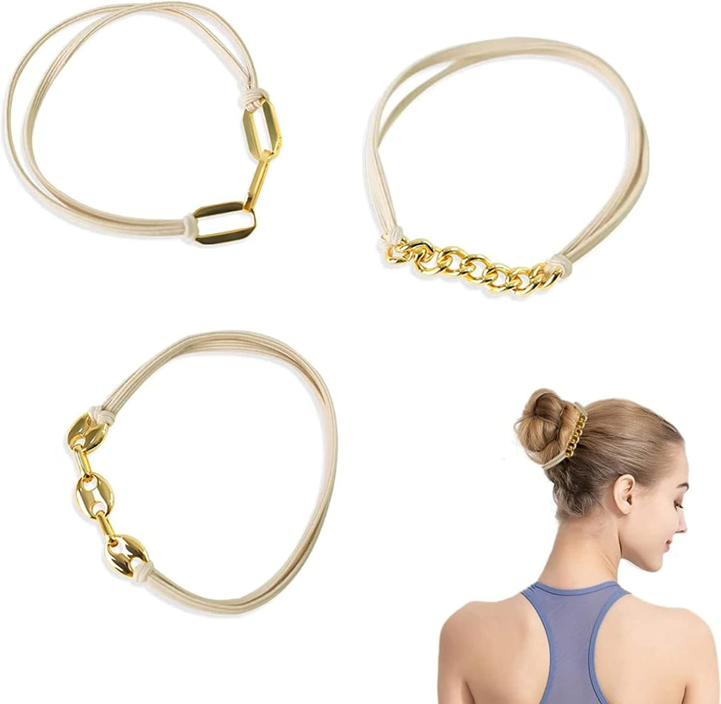 WUBAYI 3Pcs Bracelet Hair Ties for Women-Bracelet Hair Bands with Beige Elastic-Bracelet Hair Elastic Ties-Ponytail Hair Accessory. Looks Cute on Your Wrist, Perfect for Women and Girls (Gold)