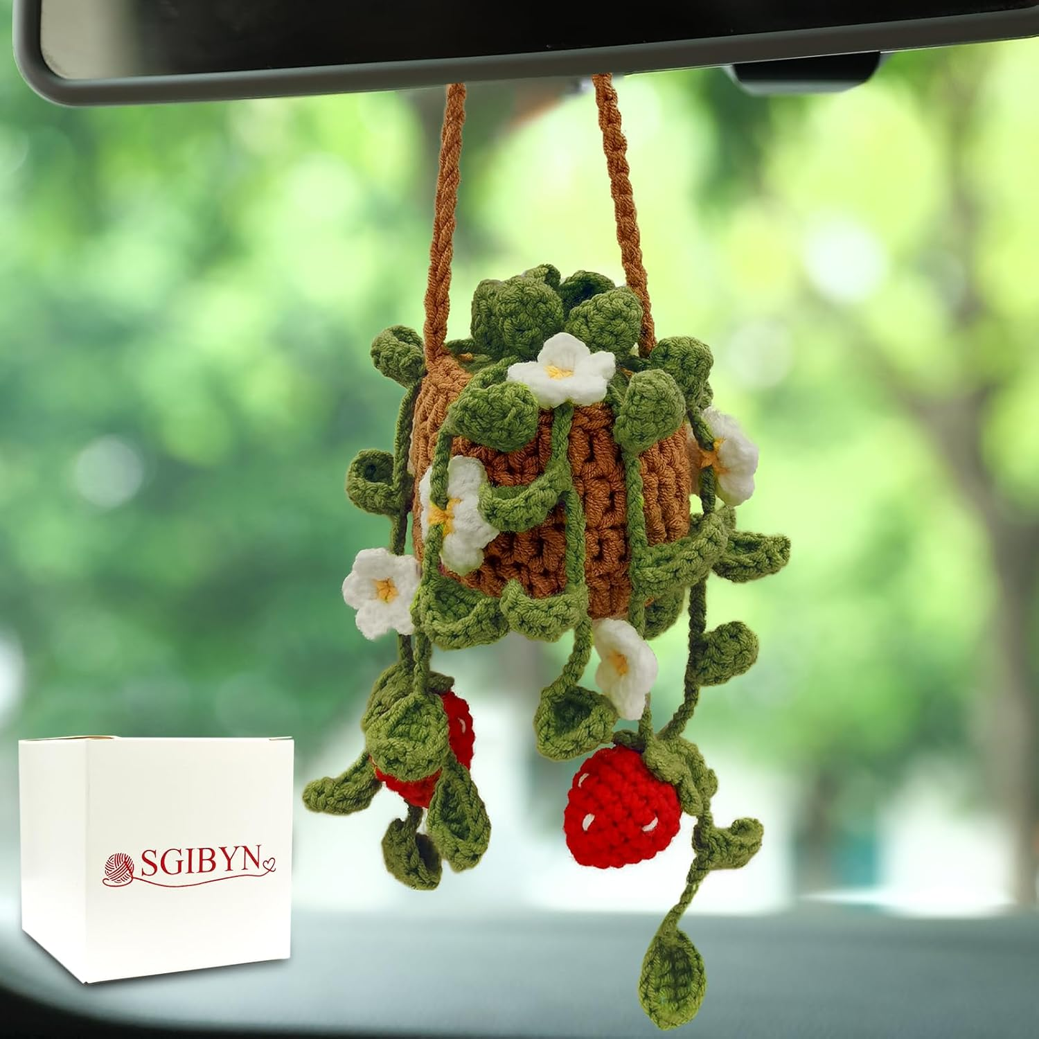 Crochet Hanging Plant for Car Decorations Interior,Cute Plant Strawberry Aesthetic Car Ornaments Charms Accessories for Rear View Mirror