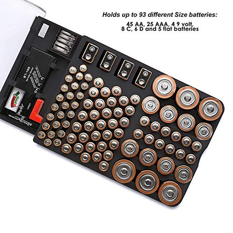 The Battery Storage Case,Organizer with Hinged Clear Cover, with Battery Tester, Holds 93 Batteries Various Sizes, Black