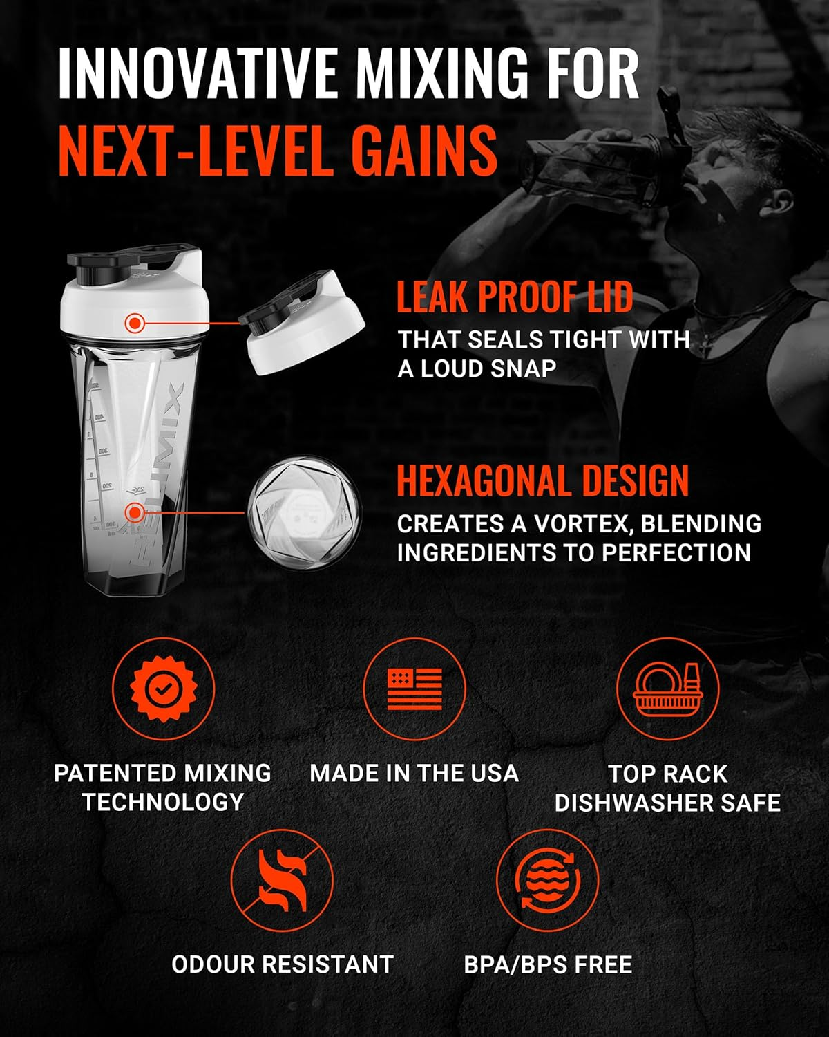 Helimix 2.0 Vortex Blender Shaker Bottle 28Oz | No Blending Ball or Whisk | USA Made | Portable Pre Workout Whey Protein Drink Shaker Cup | Mixes Cocktails Smoothies Shakes | Dishwasher Safe