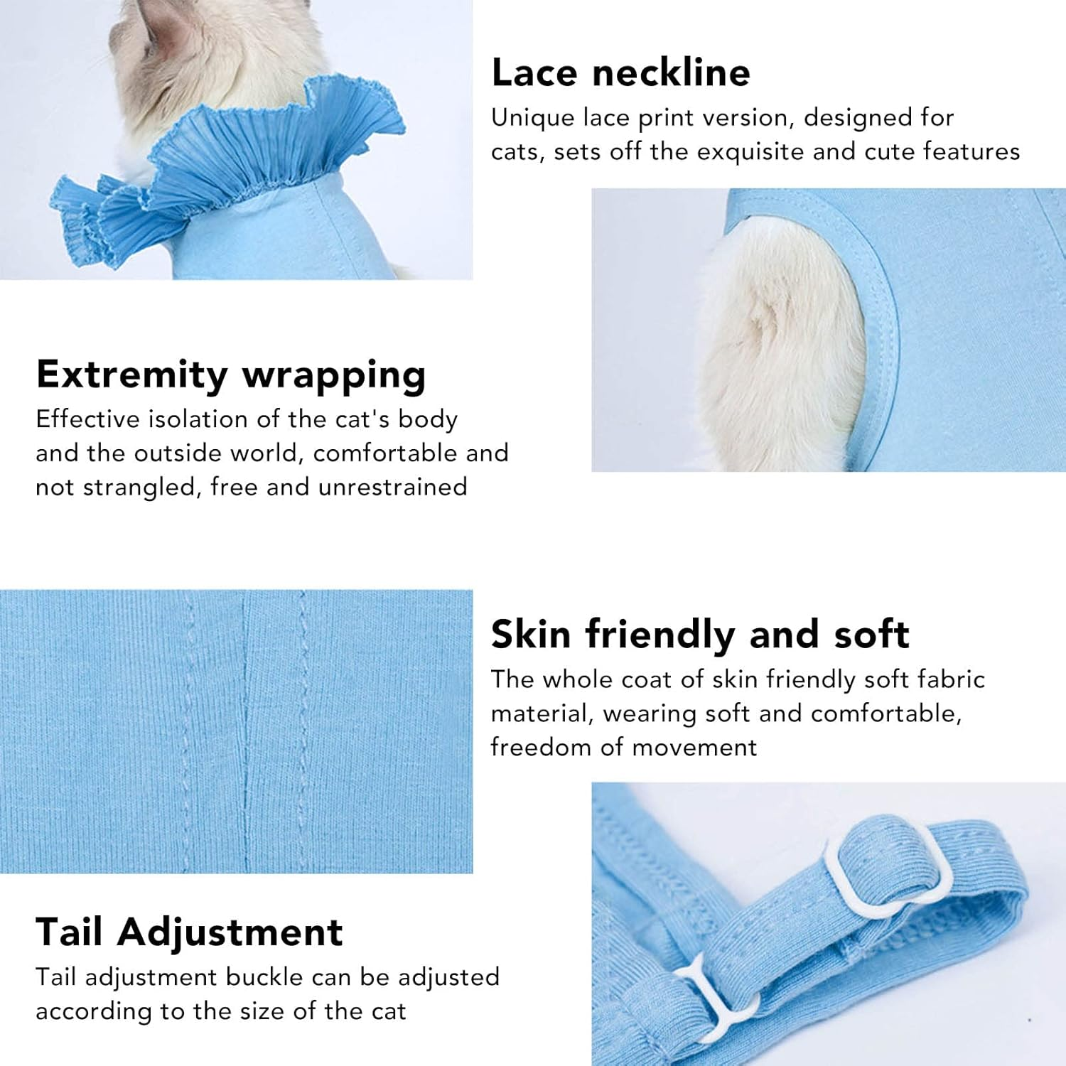 JOROBURO Cat Recovery Suit, Tail Adjustable Lace Neckline Prevent Licking Cat after Surgey Wear, Breathable Surgery Recovery Shirt for Postoperative Recovery Abdominal Wounds (M) image number 3