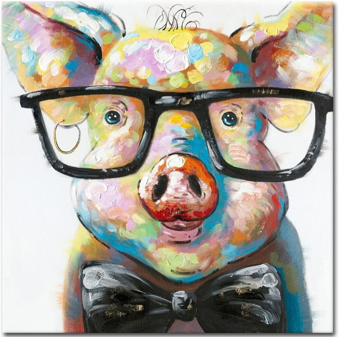 Muzagroo Art Cut Pig with Glasses Paintings for Living Room Hand Painted Oil Paintings with Raised Texture on Canvas Wall Art Stretched Ready to Hang (24X24Inches) image number 2