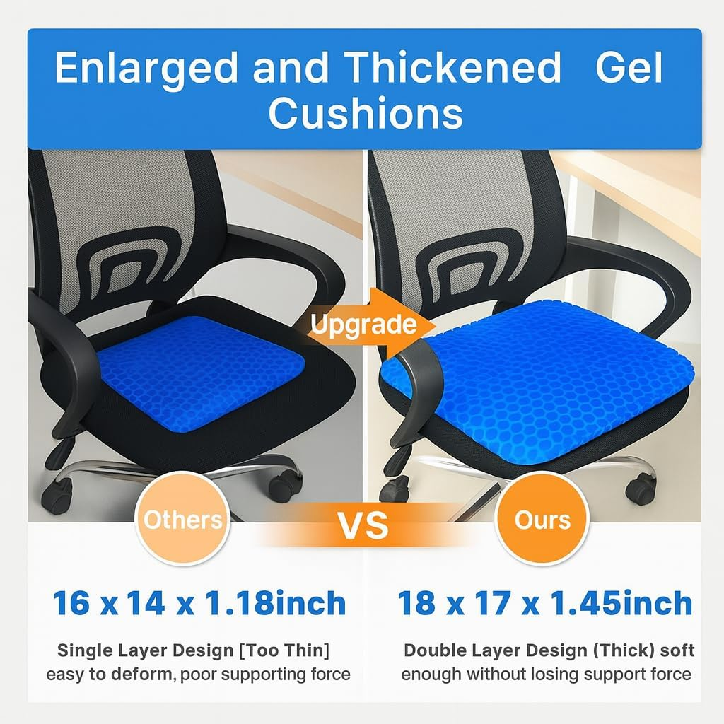 Gel Seat Cushion for Office Chair & Car &ndash; Extra Thick Honeycomb Design, Pressure Relief & Breathable Comfort, Non-Slip Cover &ndash; Tailbone & Back Support Pad for Home, Work, Travel image number 2