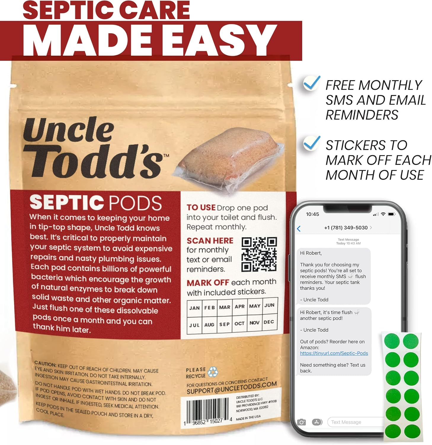Uncle Todd'S Septic Pods - Septic Tank Treatment - 12 Count One Year Supply - One Flush per Month - Free SMS & Email Reminders - Planet-Friendly and Powerful Solution for Septic Systems image number 3