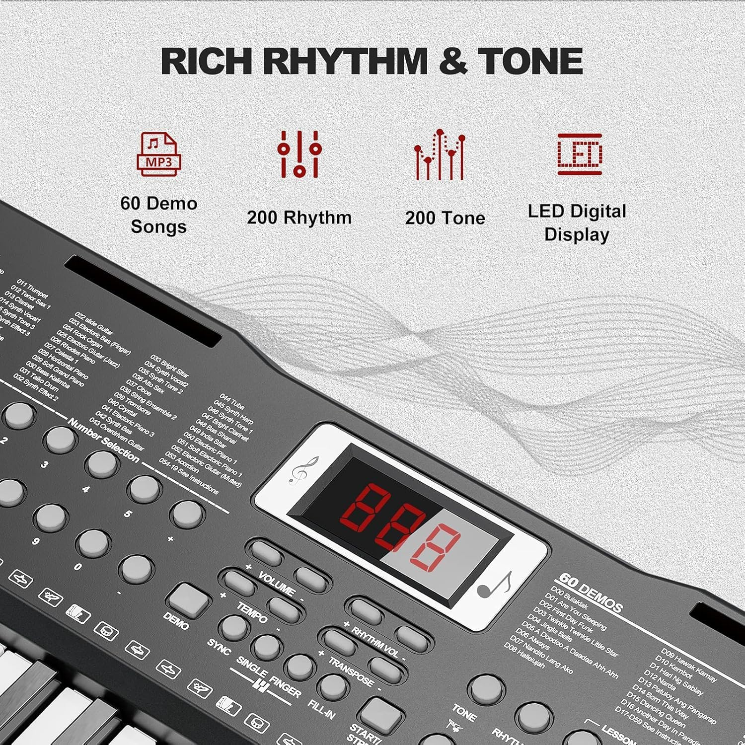 UMOMO 61 Keys Electronic Piano Keyboard Set with Stand and Bench, Portable Digital Keyboard with Microphone, Music Stand, Adaptor Power for Beginner, Black image number 5