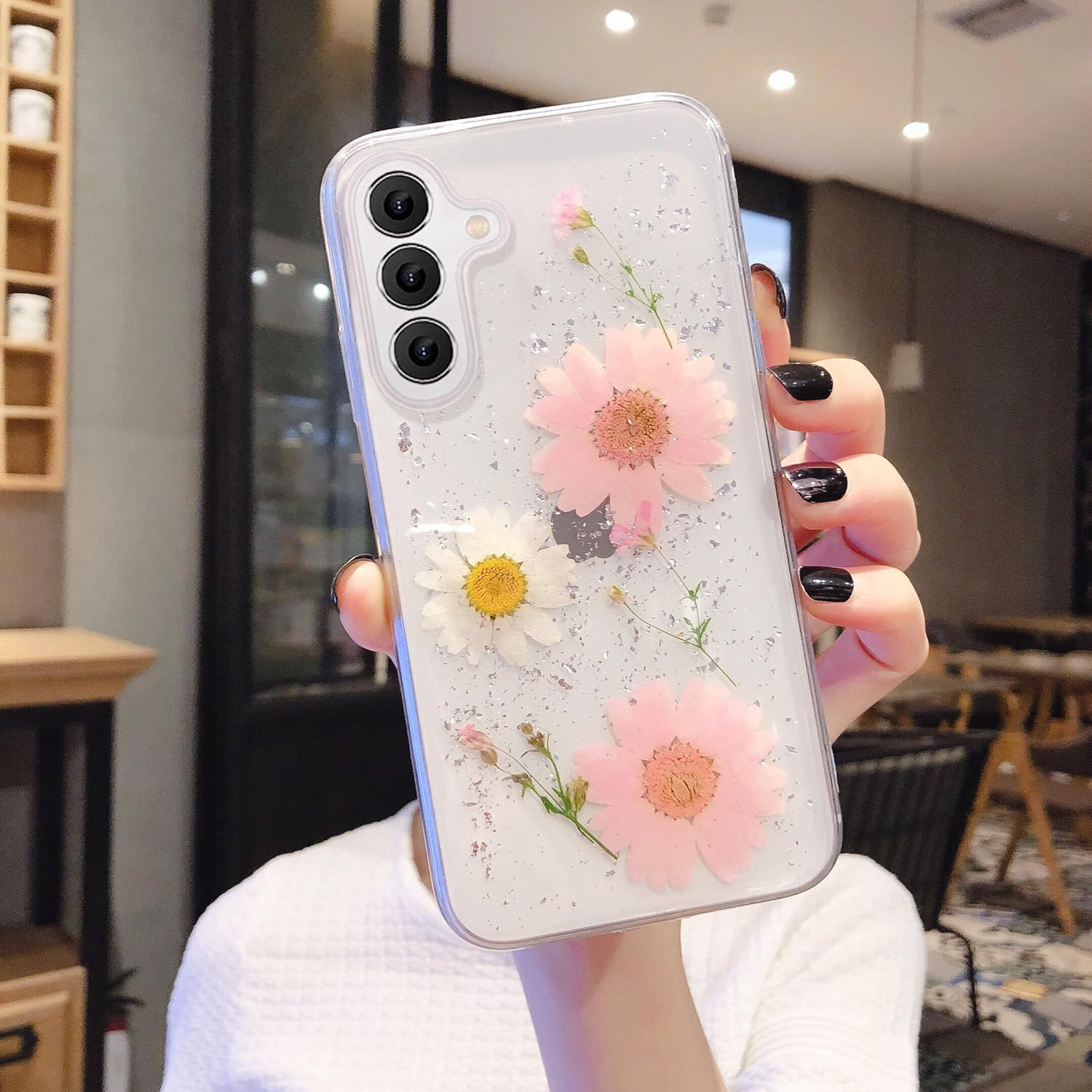 EYZUTAK Dried Flower Case for Samsung Galaxy S23, Soft Slim TPU Clear Sparkle Stars Glitter Silicone Gel Shockproof Flower Protective Case Light Blue