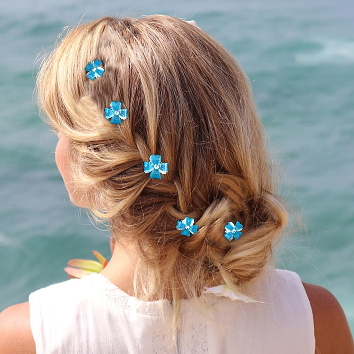 YISSION 20Pcs Mini Blue Flower Hair Clips with Rhinestone Cute Hair Pins Decorative Hair Clips Wedding Hair Barrettes Bridal Hair Accessories for Girls Women - Blue image number 6