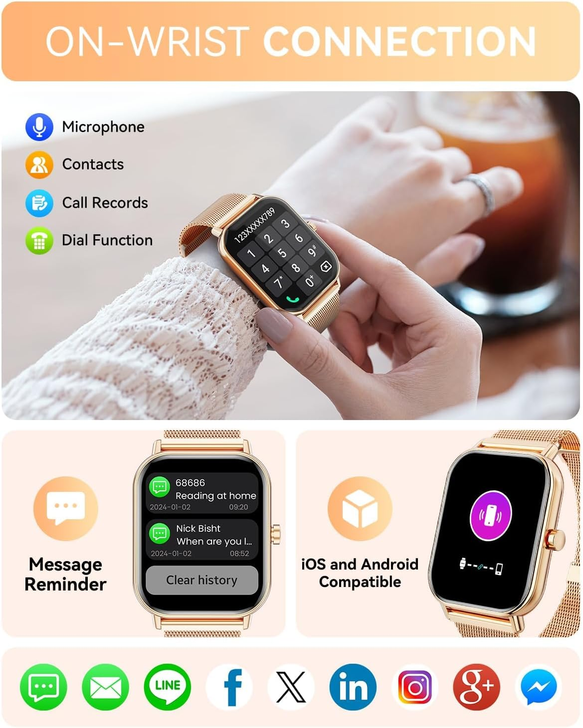 Smart Watch for Women Men, Fitness Tracker Watch for Android Phones Iphone Compatible, 1.85" Smart Watches for Women Men with Blood Pressure, Heart Rate Monitor, 110+ Sport Modes Smartwatch (2 Strap) image number 6