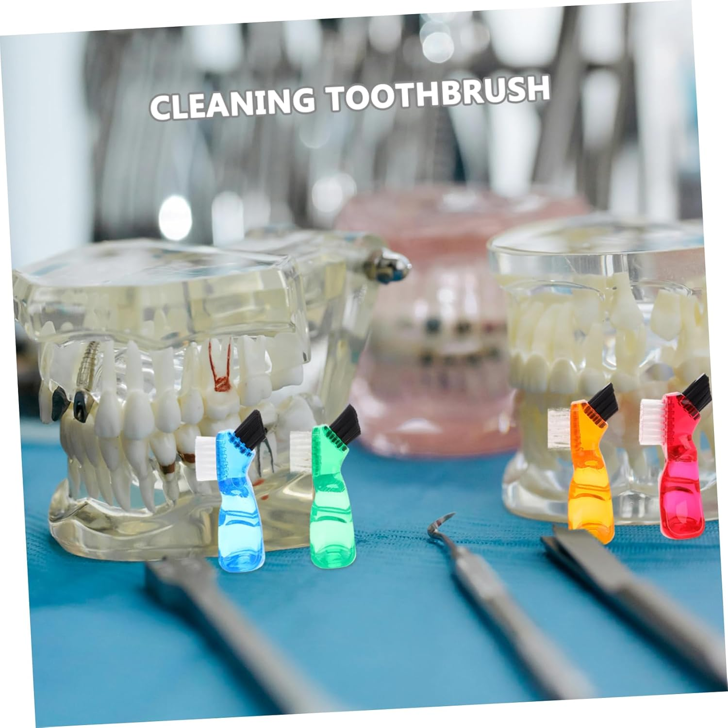 SAFIGLE 4Pcs Denture Brush and Dental Retainer Cleaner Set with Hard Bristles, Short Handle False Teeth Cleaning Toothbrush for Oral Care and Dental Hygiene in Blue Green Red Orange image number 3