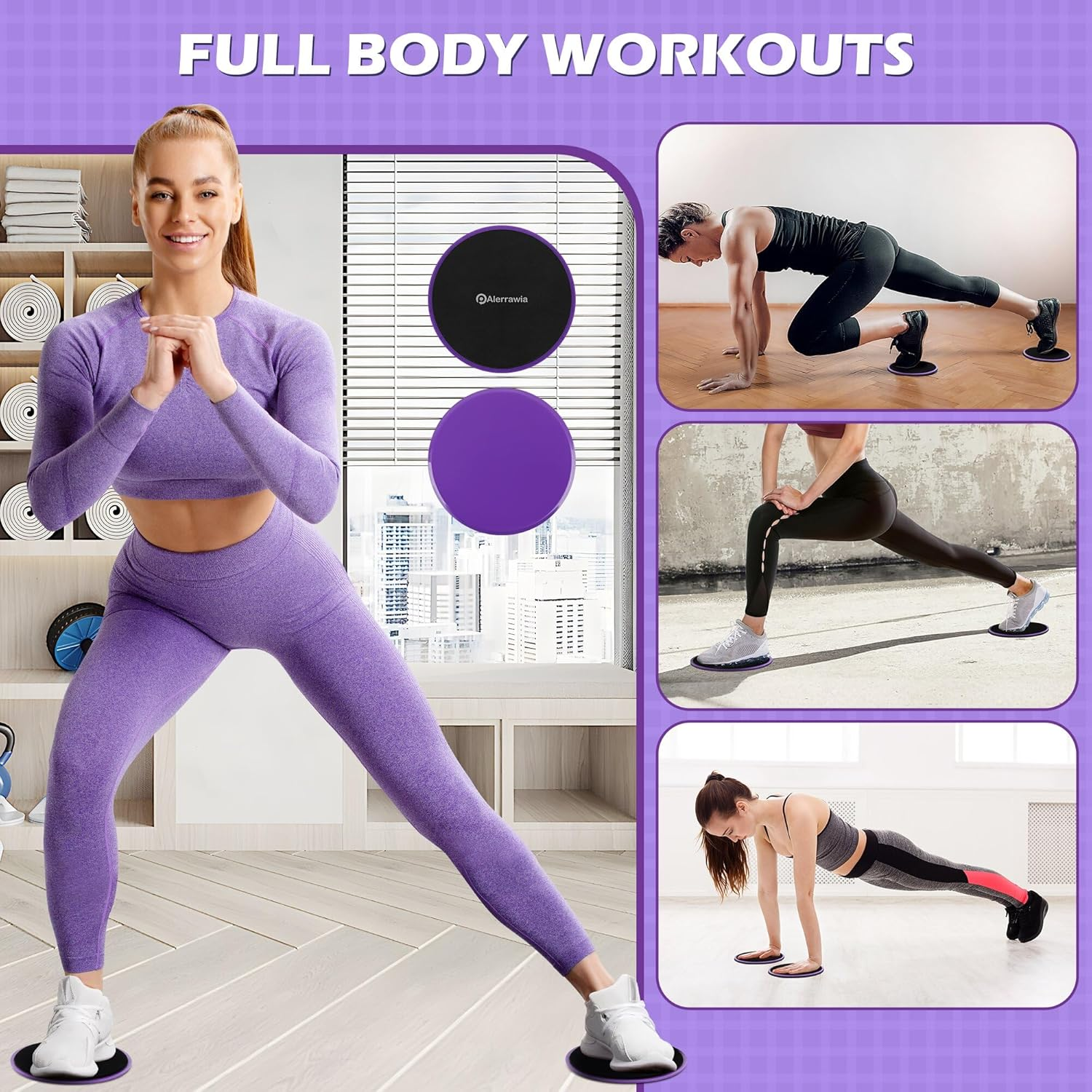 Alerrawia Pilates Ring Set-For Home Exercise - Anti-Deformation Magic Circle with Padded Handles.Sliding Disc.Resistance Bands 8-Piece Set,Ball. Guide & Bag - Purple image number 4